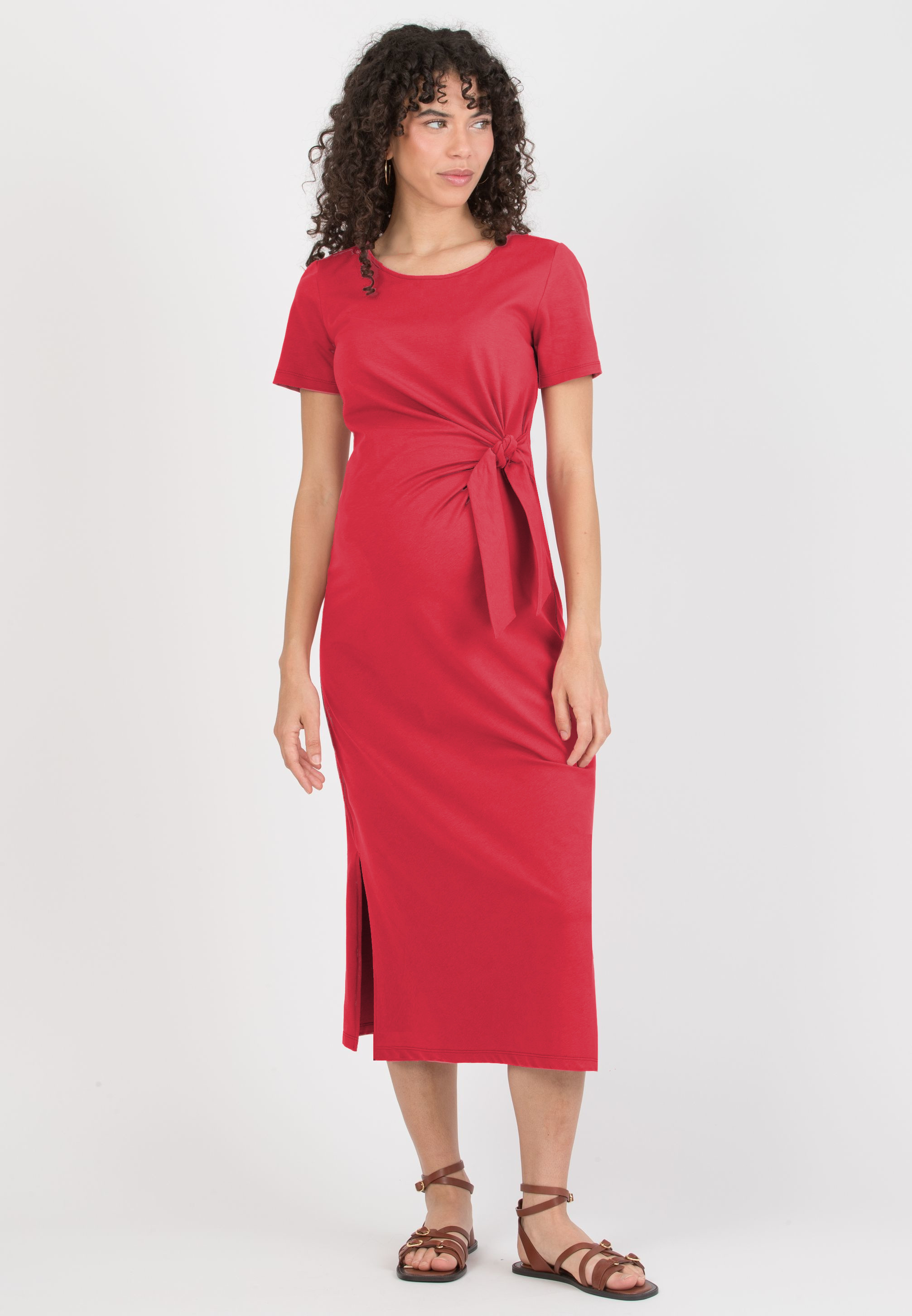 KAREN - Maternity Cotton Dress with Side Knot (Red, XS)