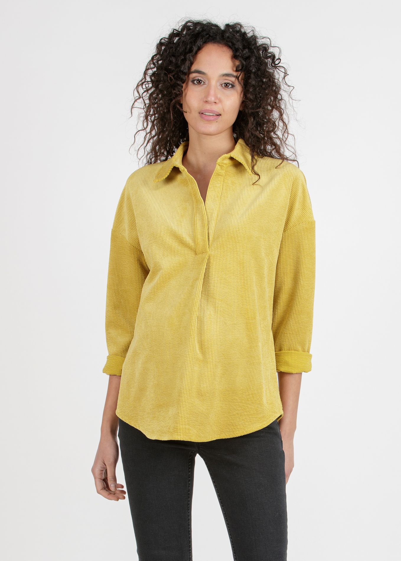 OLIVIA V - Camicia Over Premaman in Velluto a Coste Larghe (Senape)