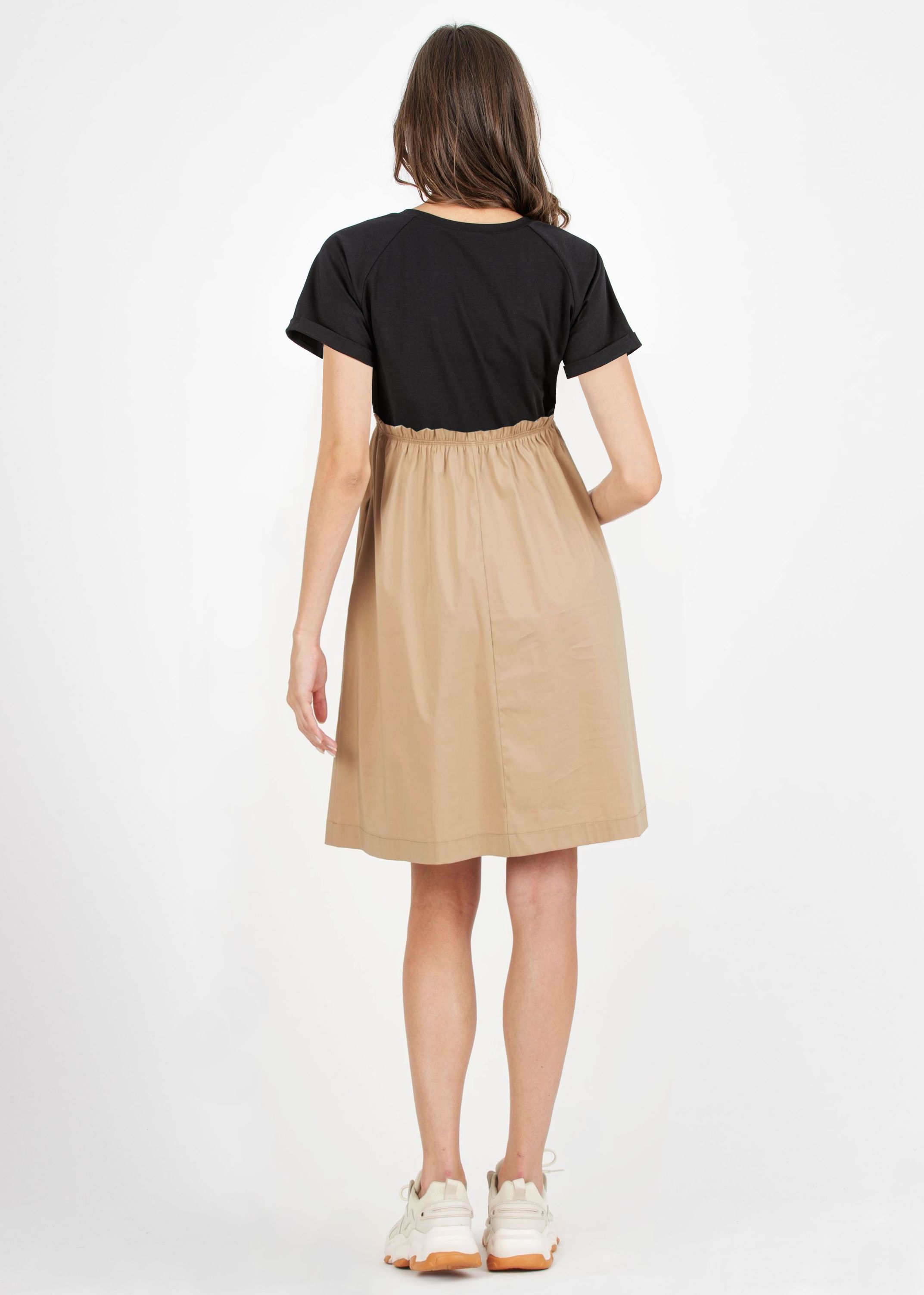 Cotton Maternity Dress with Pleats Around the Waist (Sand, XS)