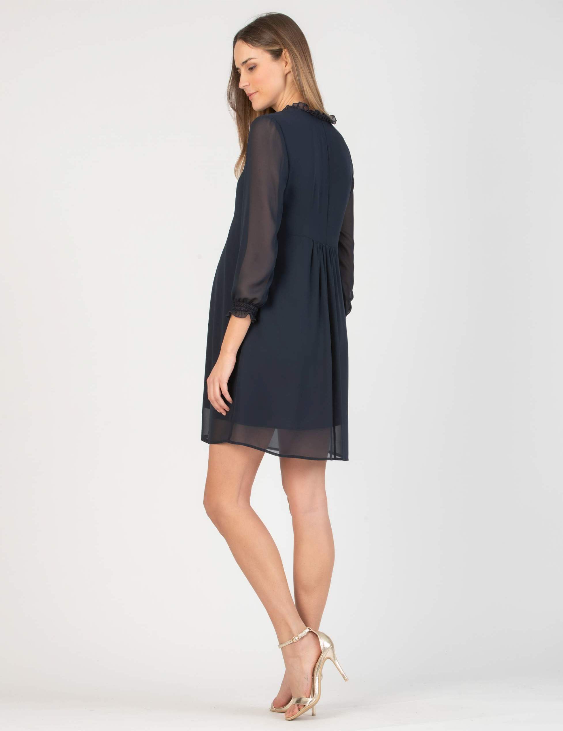 DIANA - Chiffon Maternity & Nursing Dress with Ruffle Trims on the Neck (Dark Blue, XS)