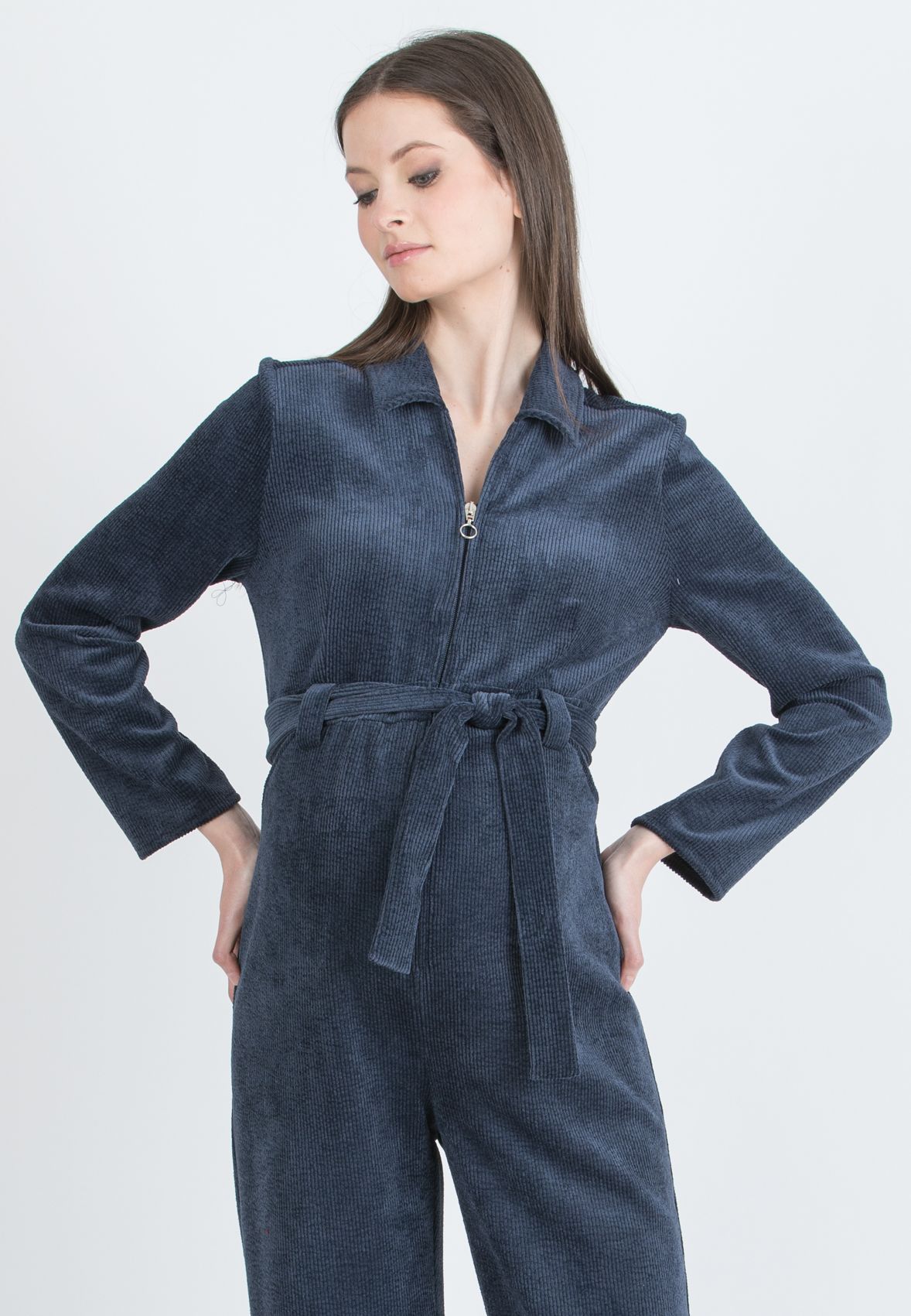 TORY – Maternity Corduroy Jumpsuit with Front Zip and Waist Belt (Blu)