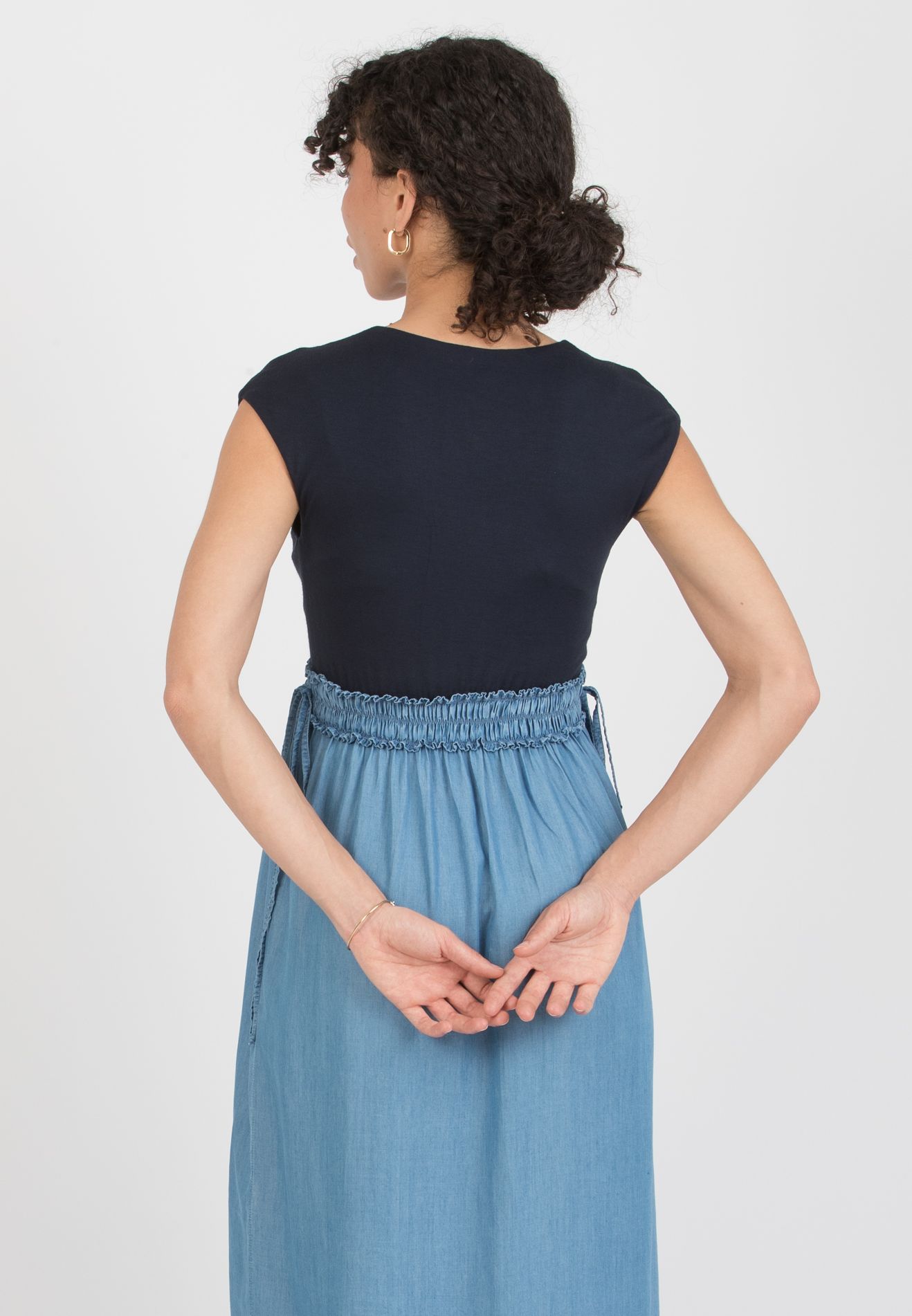 GAIA J - Abito Lungo Premaman & Allattamento in Tencel con Fascia di Elastici (Denim)