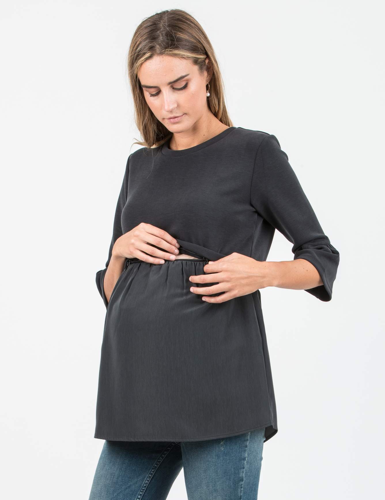 KYLIE - Maglia Premaman & Allattamento in Modal e Raso (Antracite, XS)