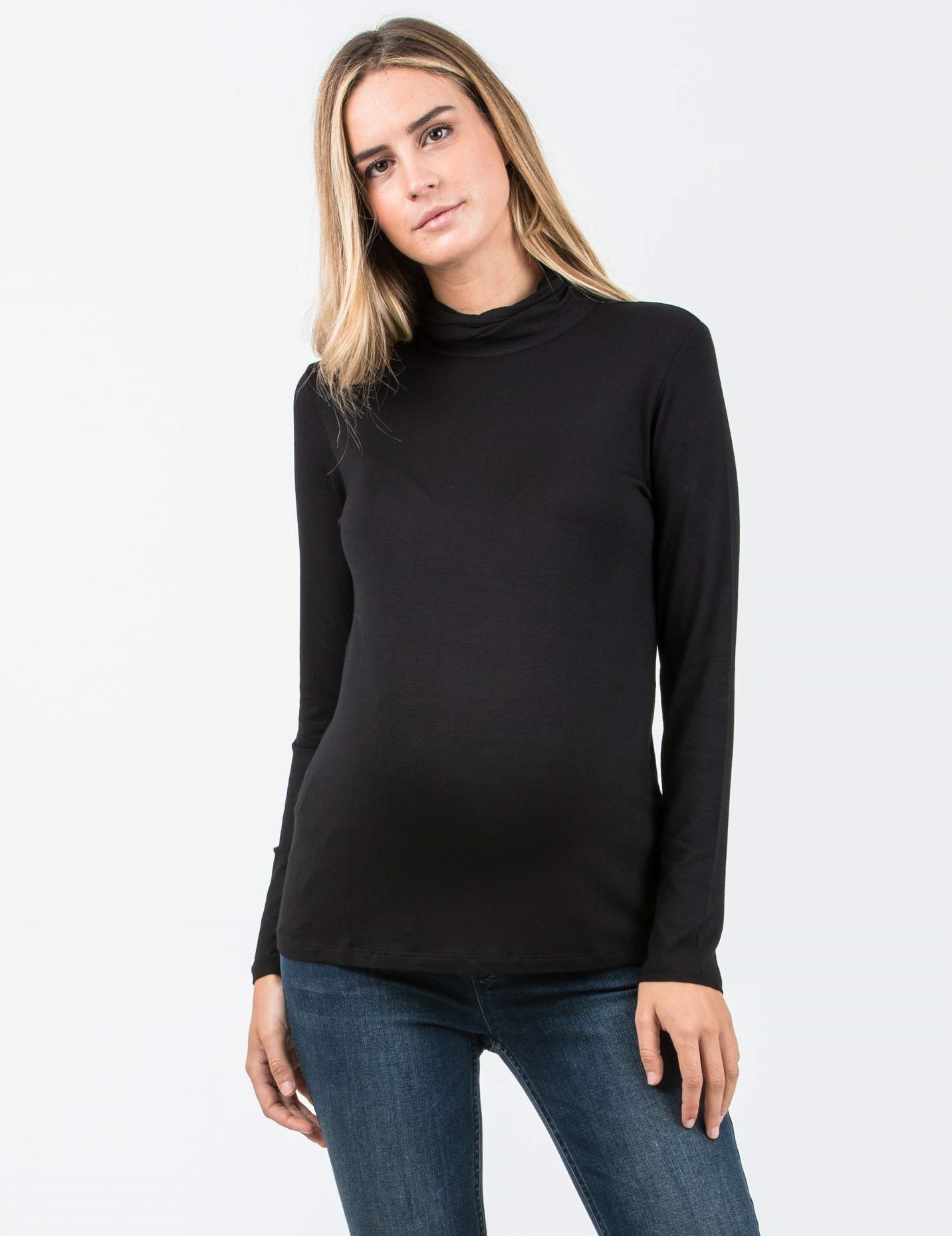LARA - Long Sleeve Turtleneck Maternity Top with Side Gatherings (Nero)