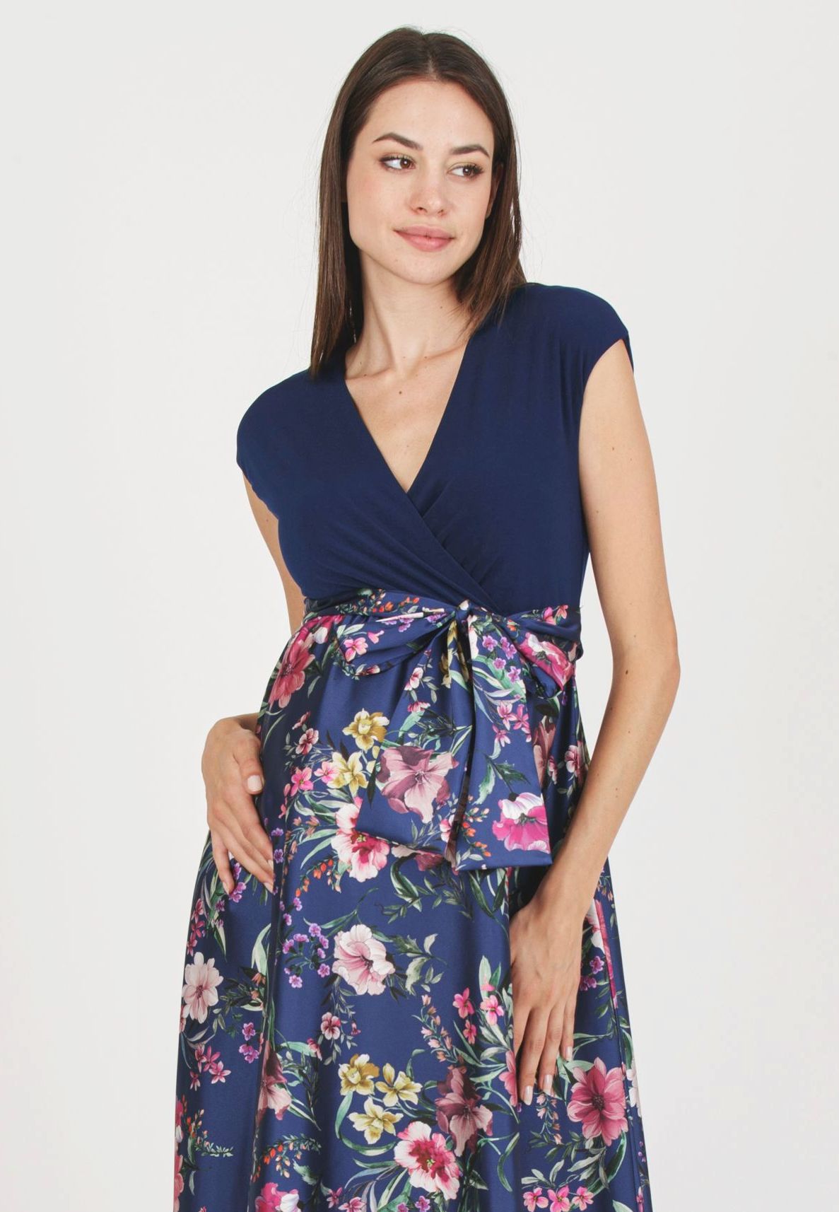 LUCREZIA F - Maternity & Nursing Dress with Printed Satin Skirt (Blue, XS)