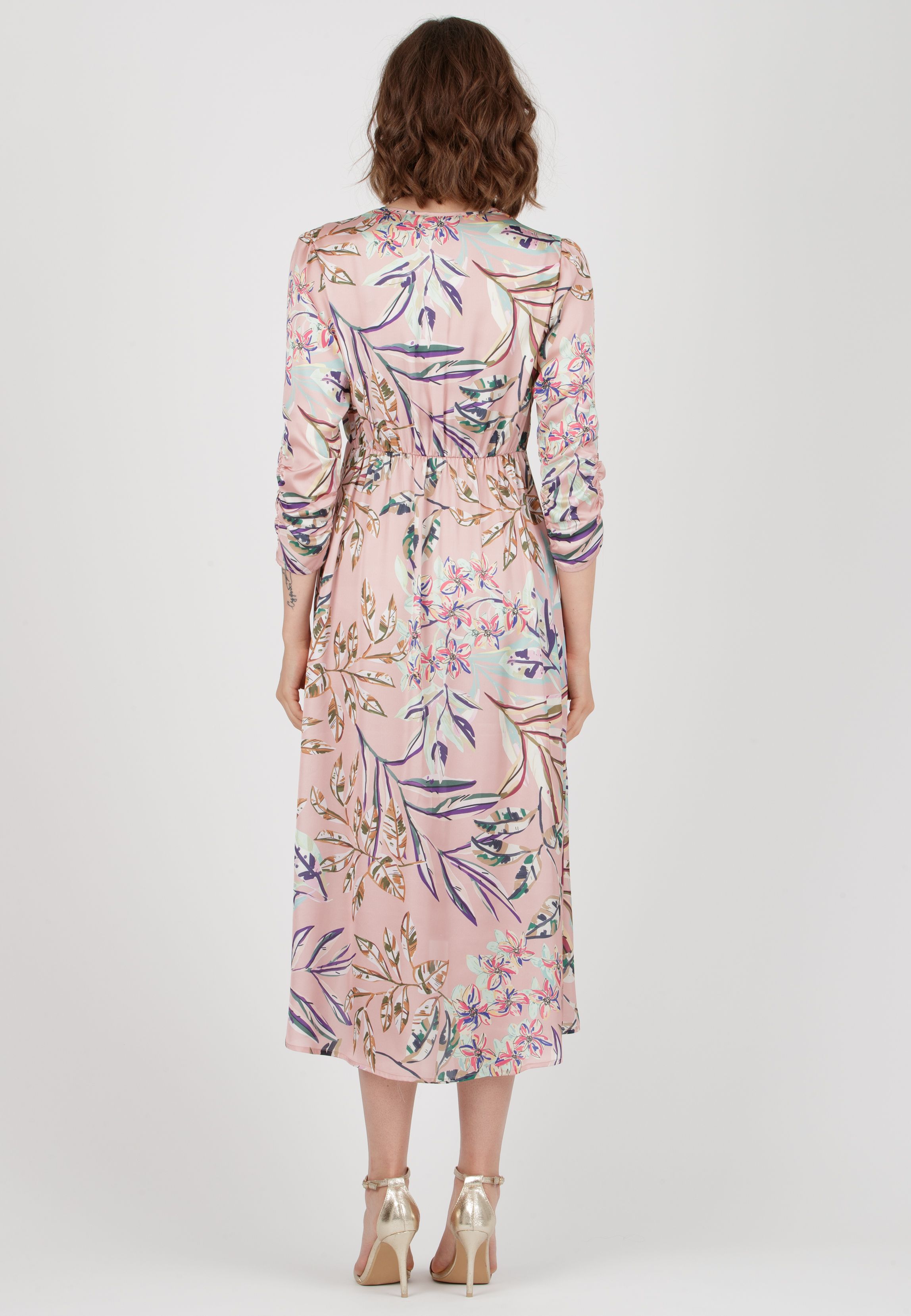 BELEN M/L - Abito Premaman & Allattamento in Raso Stampato con Corpino Annodato e Maniche 3/4 (Rosa, XS)