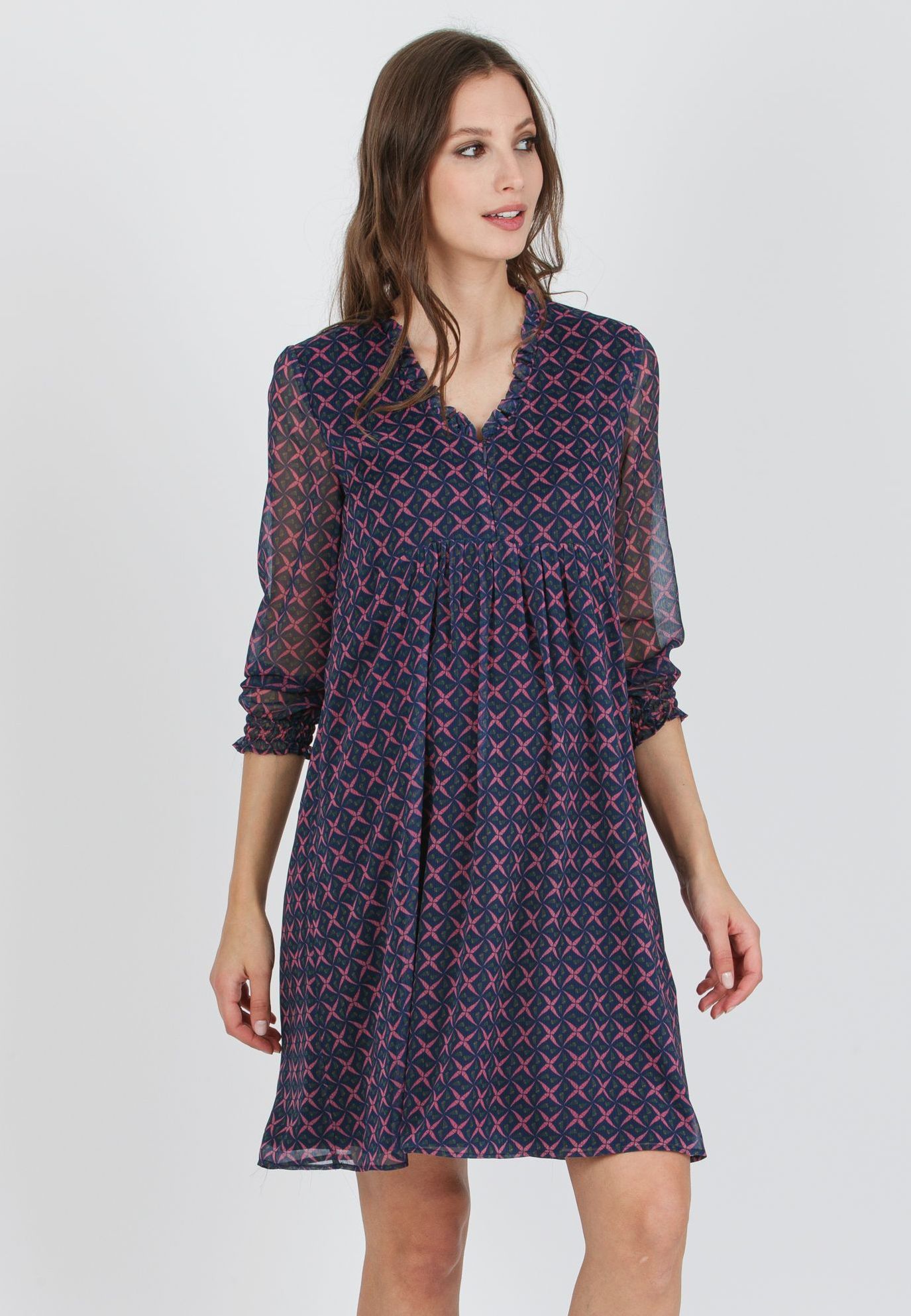 DIANA S - Printed Chiffon Maternity & Nursing Dress with Ruffle Trims on the Neck (Blue, XS)