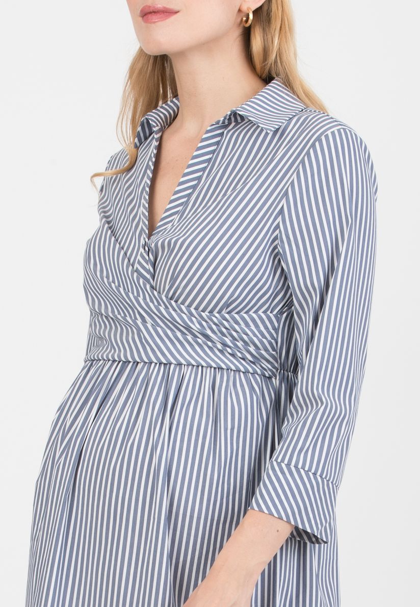 EMANUELA - Maternity & Nursing Striped Cotton Dress with Waistband (Blu)
