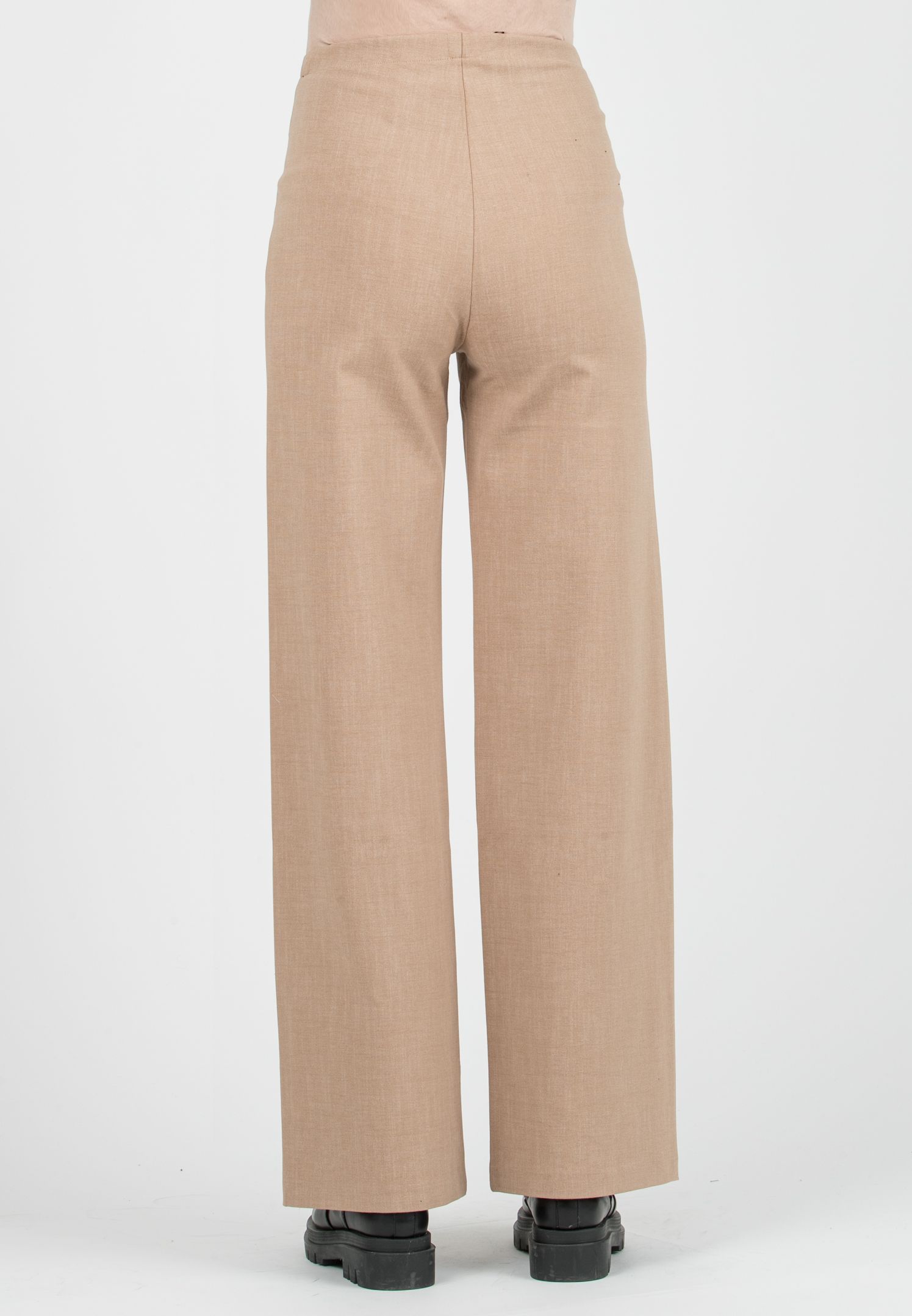 KIMBERLY T – Pantalone Premaman Palazzo in Punto Milano di Viscosa Effetto Trama (Cammello, XS)