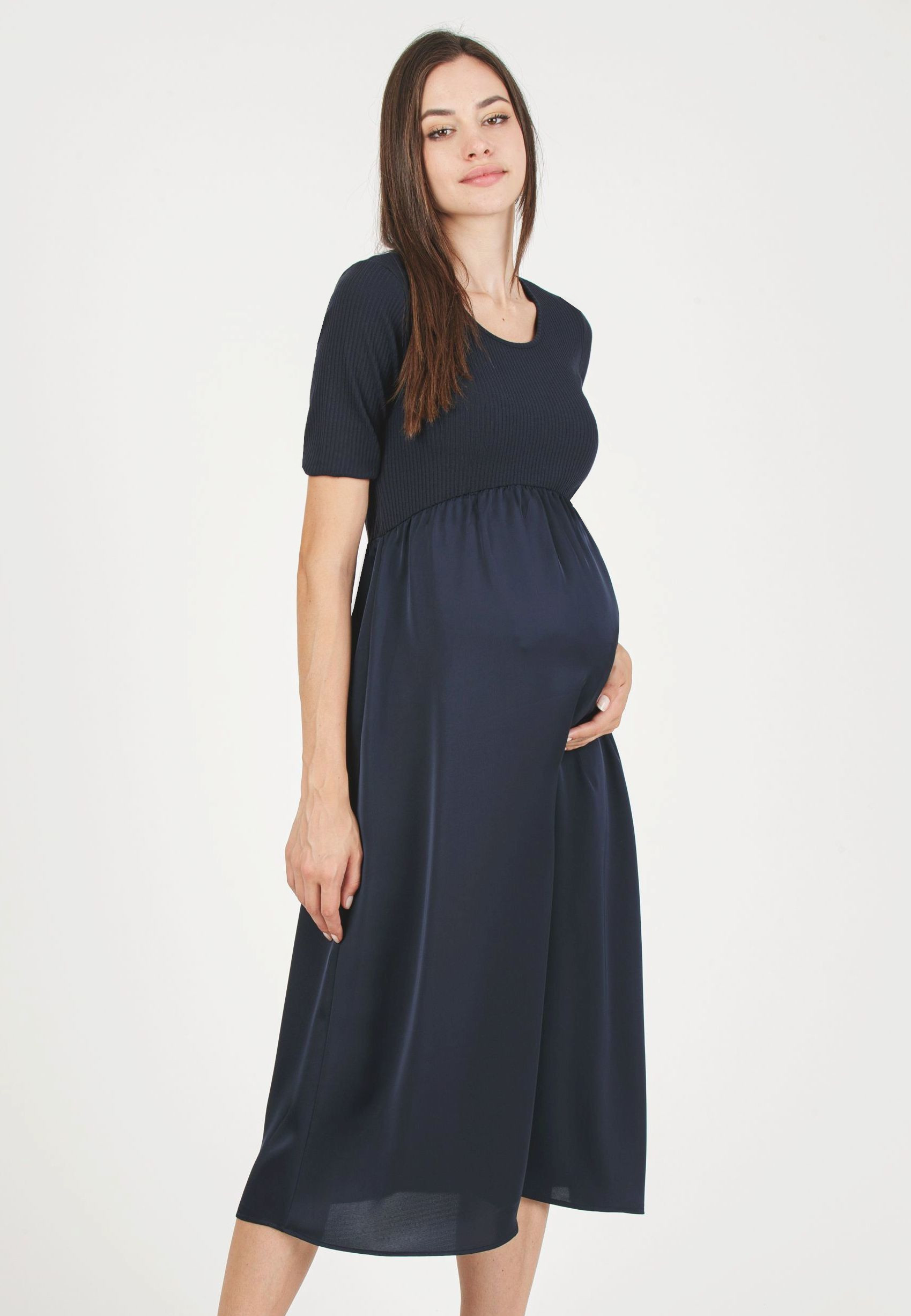NASTIA - Abito Premaman in Costina con Gonna in Raso (Blu Scuro, XS)