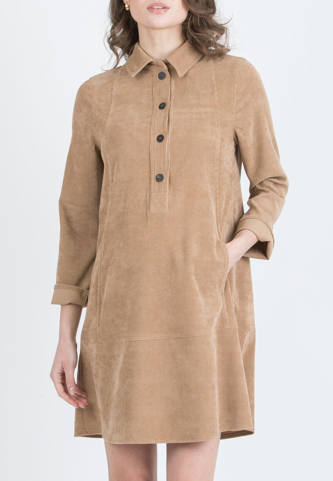 GRETA – Abito Camicia Premaman & Allattamento in Velluto (Cammello)