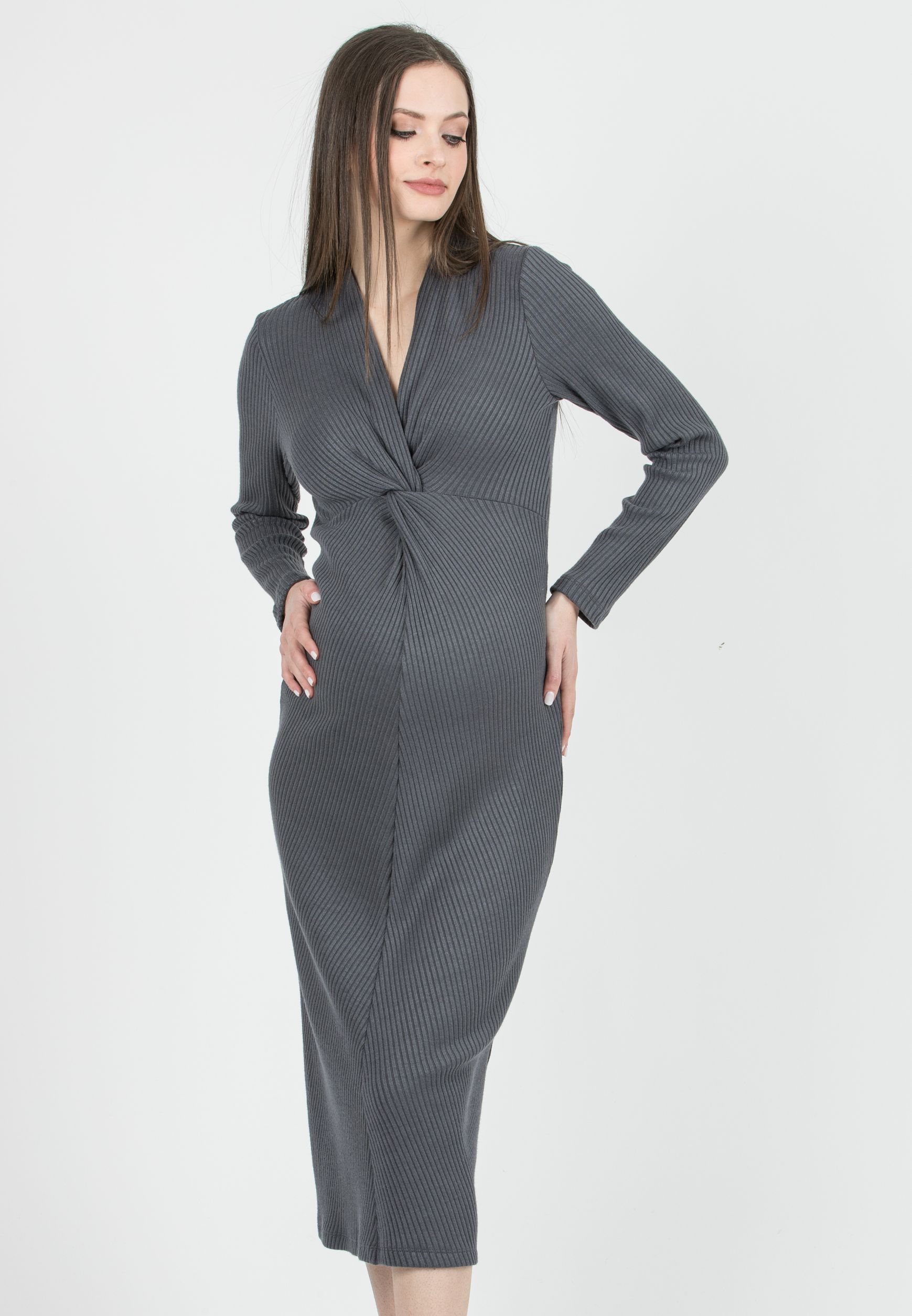 ISSA M/L – Abito Premaman & Allattamento in Maglia a Costina con Nodo (Grigio Medio)