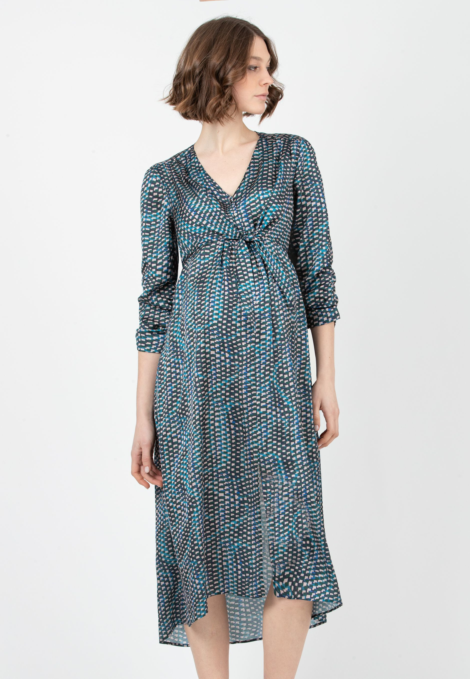 BELEN M/L - Abito Premaman & Allattamento in Raso Stampato con Corpino Annodato e Maniche 3/4 (Verde, XS)