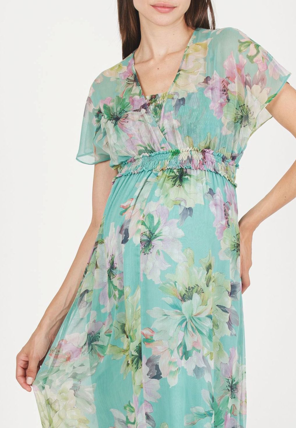 HOLLY - Maternity & Nursing Dress with Crossed Neckline and Asymmetric Hem (Aqua, XS)
