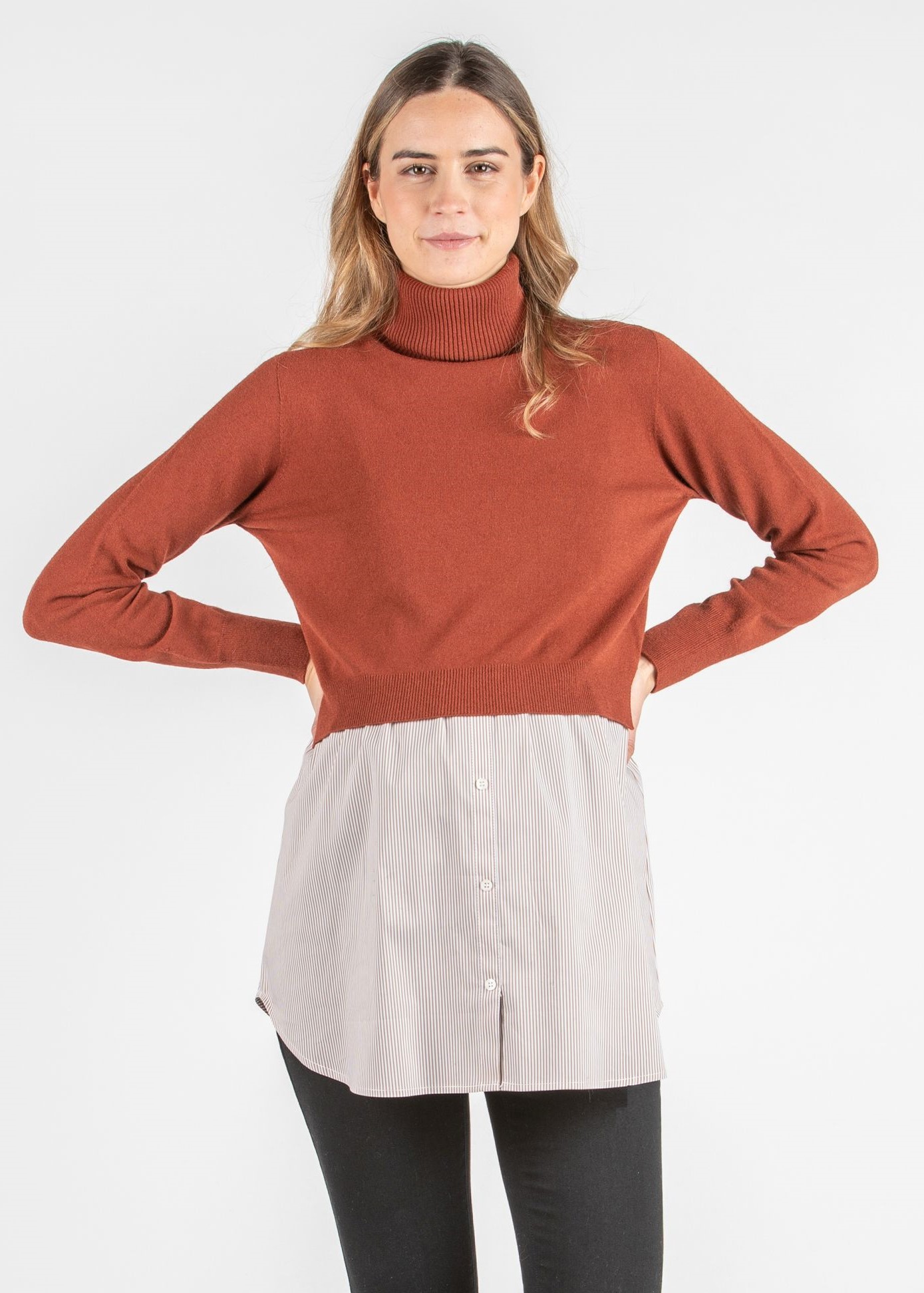 GIANNA R - Maglioncino Premaman & Allattamento con Collo Alto e Top a Righe Abbinato (Rosso Mattone, XS)