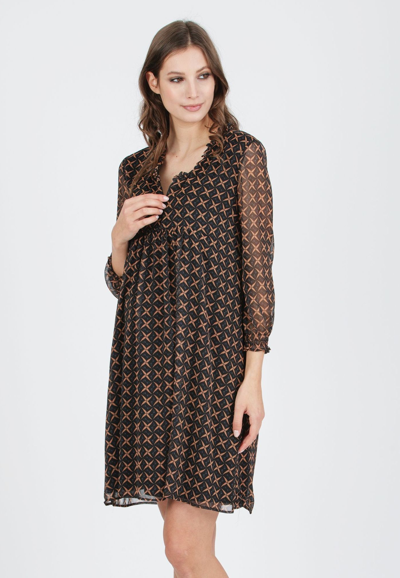 DIANA S - Abito Premaman & Allattamento in Chiffon Stampato con Volant sullo Scollo (Nero, XS)
