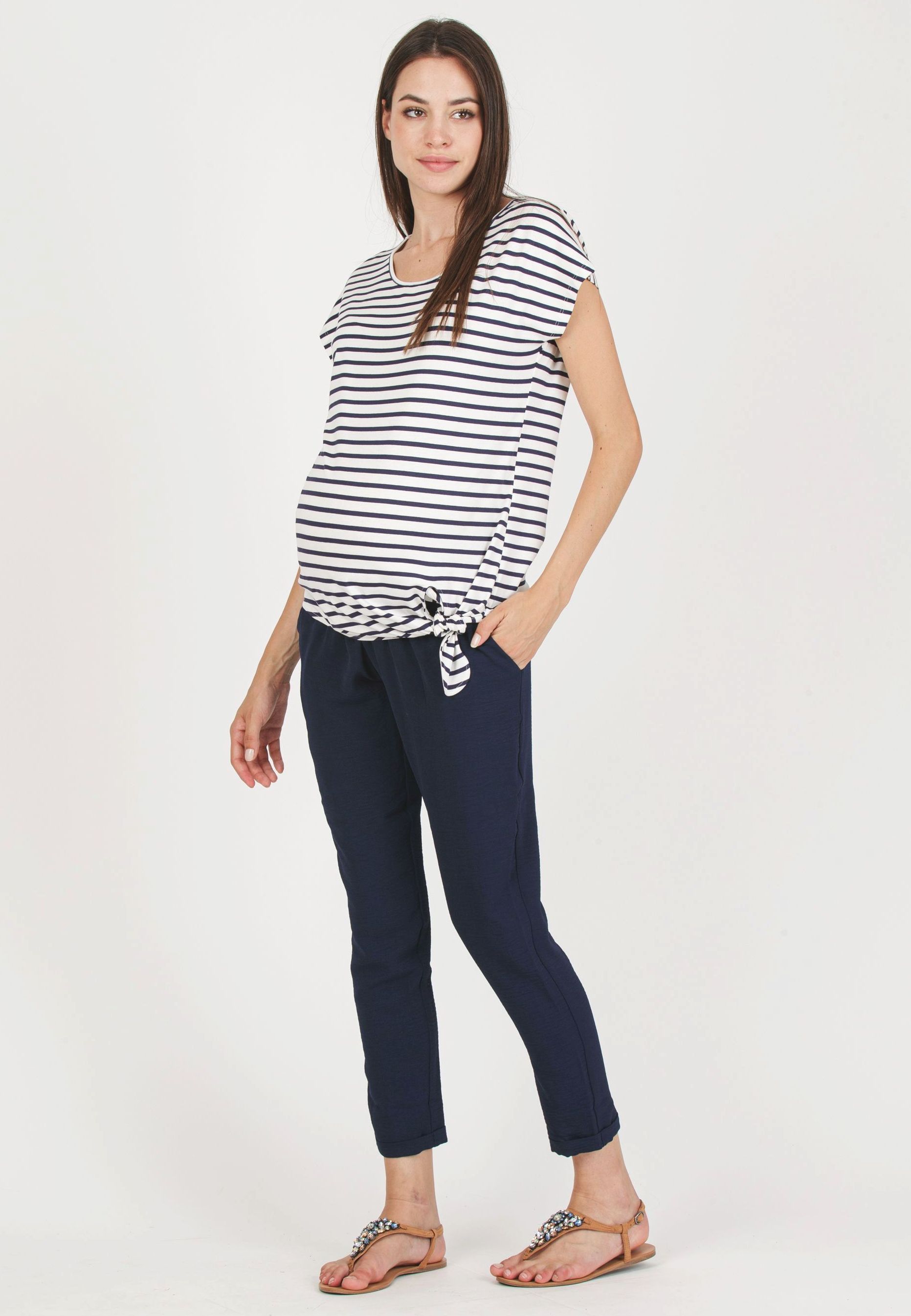 URSULA R - T-Shirt Premaman A Righe con Nodo Laterale (Blu, XS)