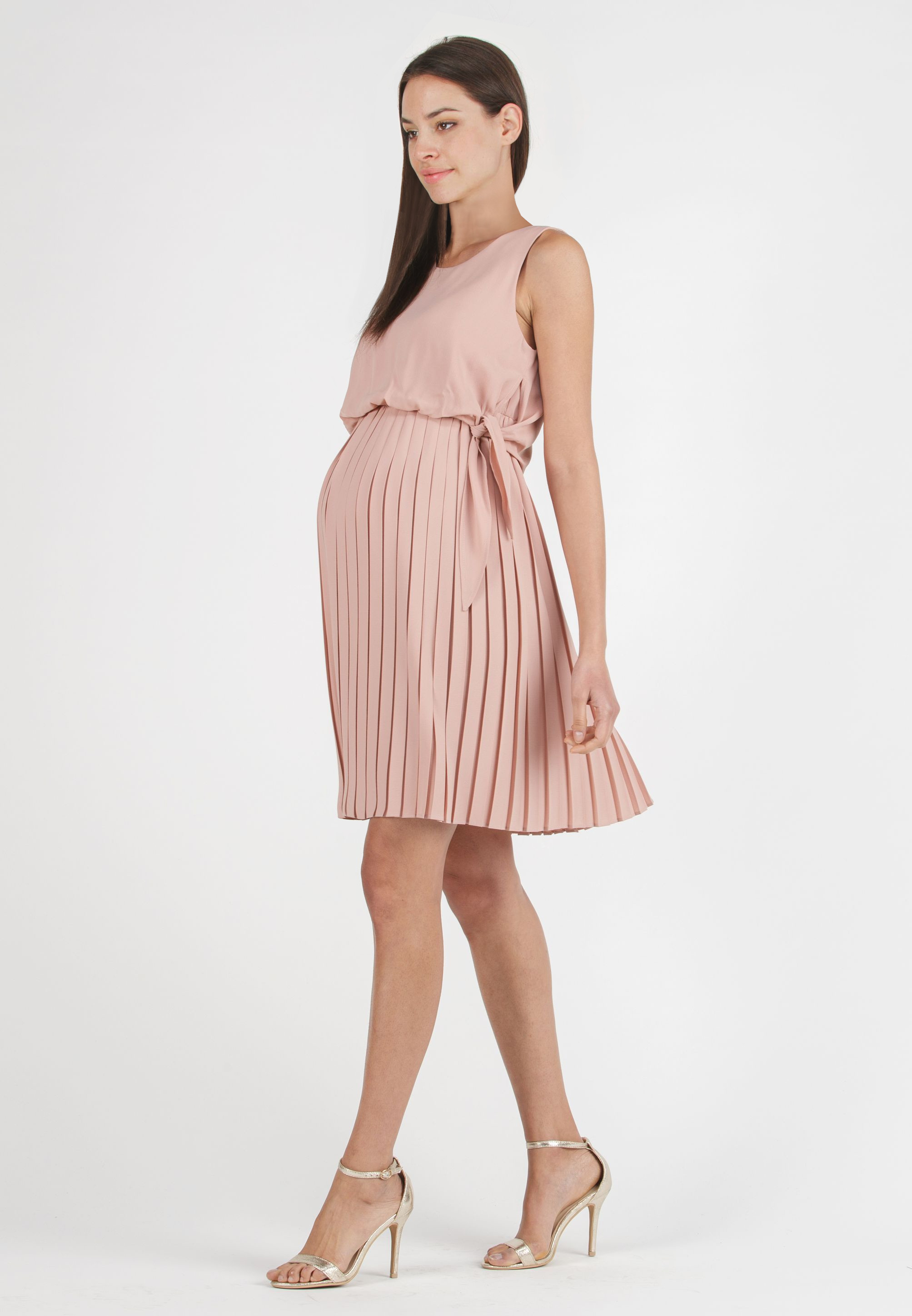 BIANCA - Maternity & Nursing Dress with Pleated Skirt and Buttons at the Back (Powder, XS)