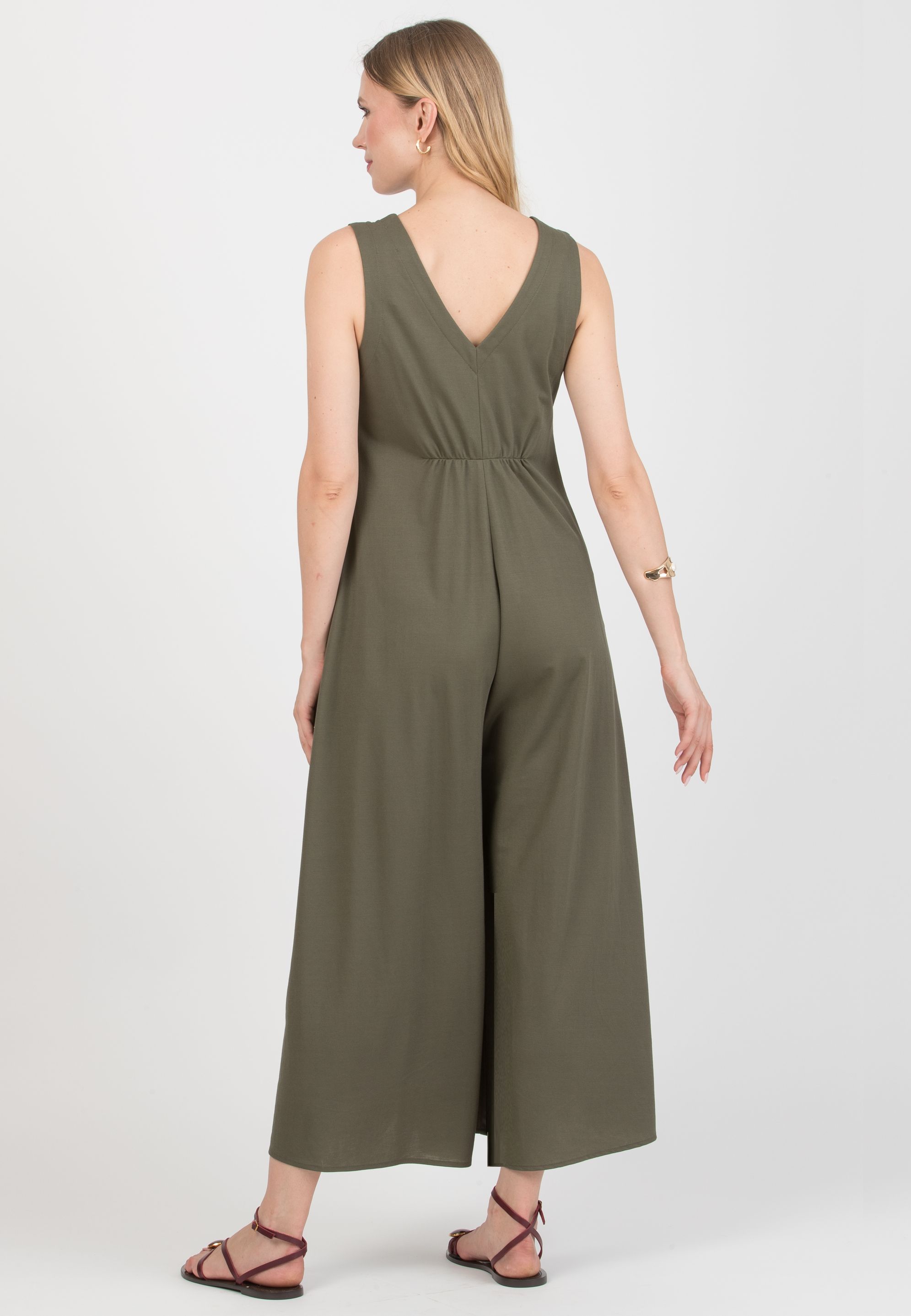 MIRANDA – Maternity Viscose Piqué Jumpsuit with V-Neck and Front Zip (Verde Militare)
