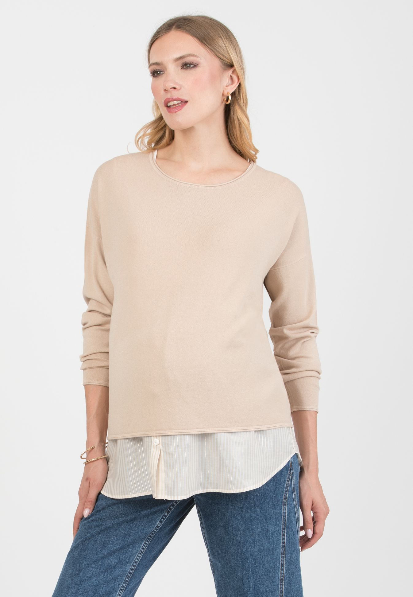 GIOIA R – Maternity & Nursing Sweater with Matching Striped Top (Beige)