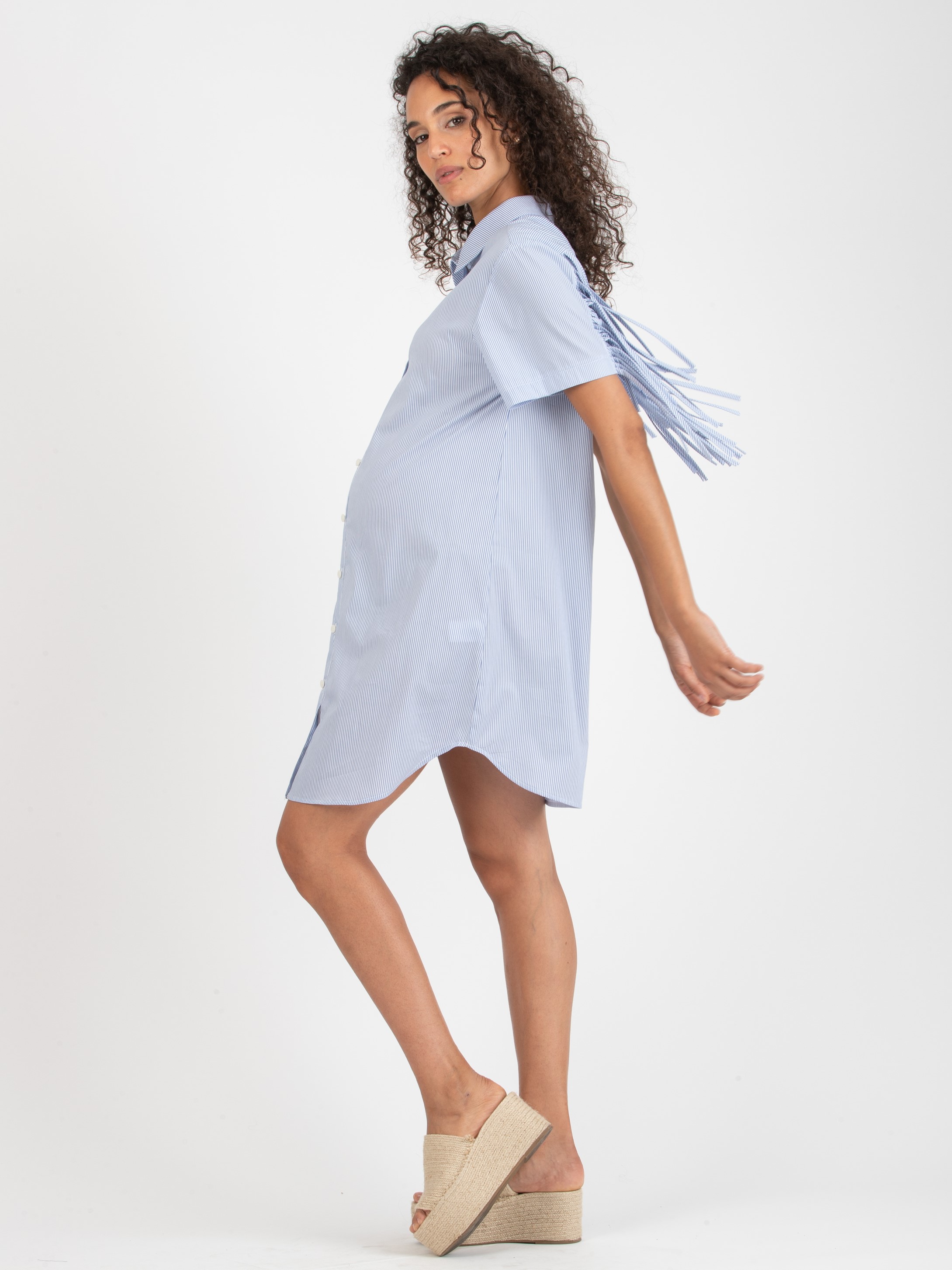 FRANCESCA - Maternity & Nursing Dress with Fringes (Blue, XS)