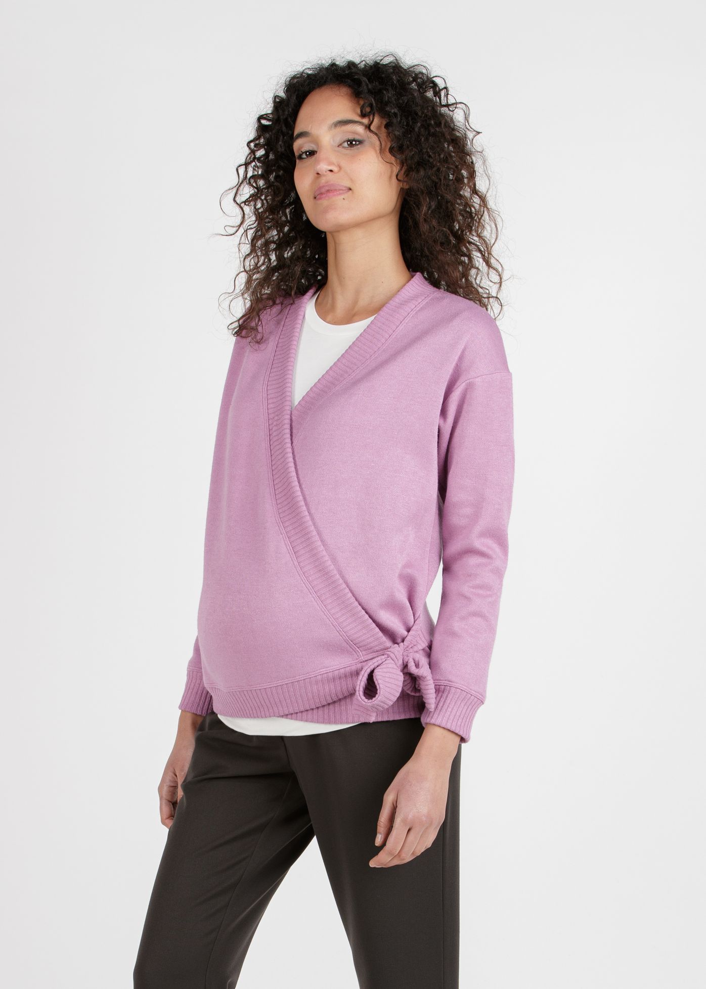 CARMEN - Cardigan Premaman Incrociato in Filato Misto Viscosa (Glicine, XS)