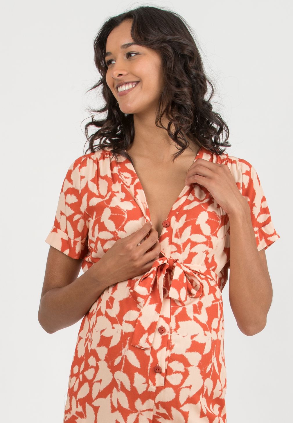 LORELLA – Maternity Jumpsuit in Printed Viscose (Terracotta, XS)