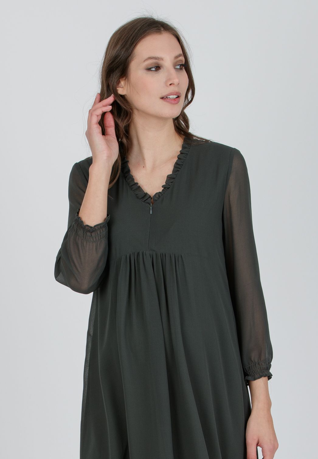 DIANA - Abito Premaman & Allattamento in Chiffon con Volant (Verde Militare, XS)