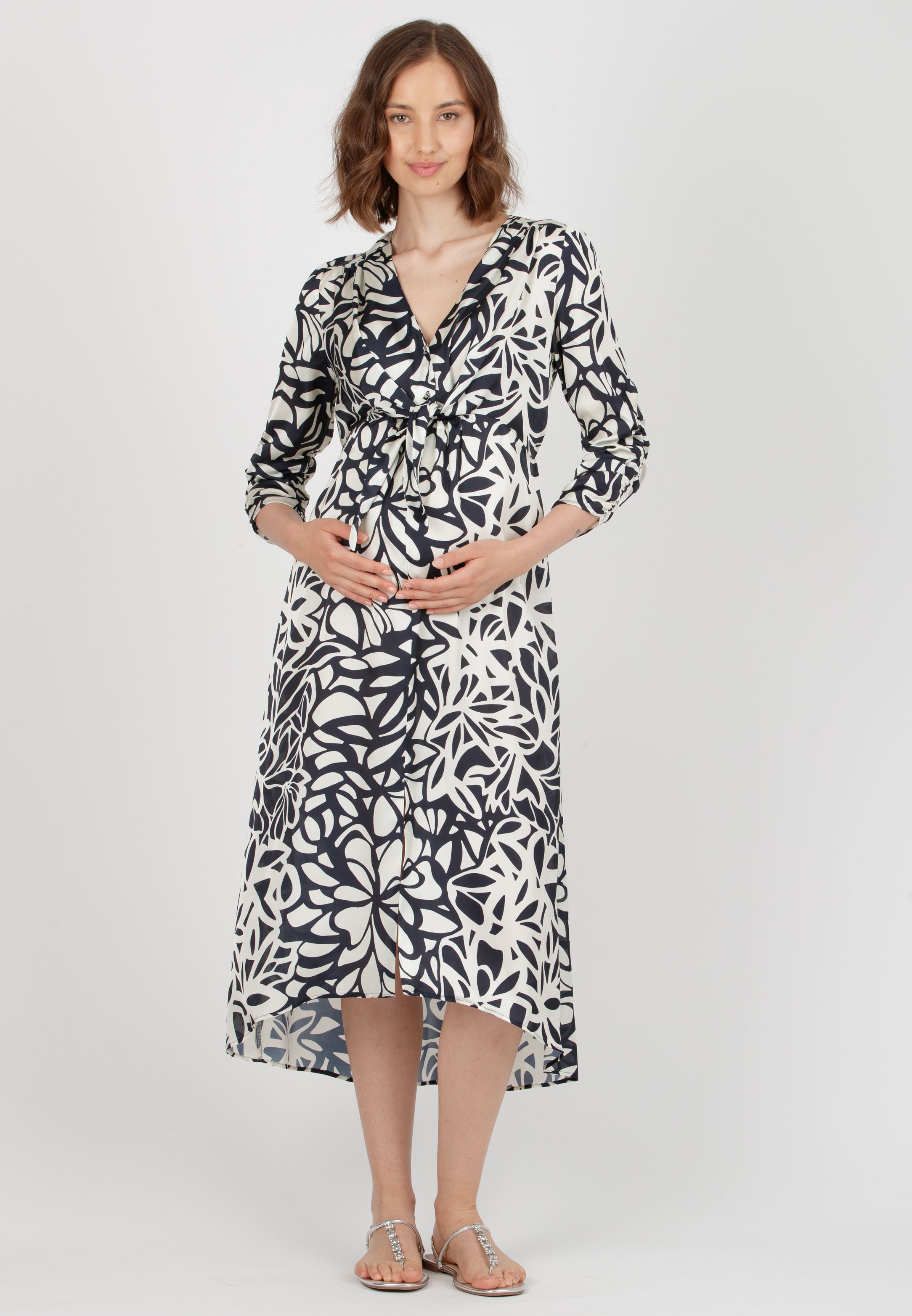 BELEN M/L - Abito Premaman & Allattamento in Raso Stampato con Corpino Annodato e Maniche 3/4 (Blu, XS)