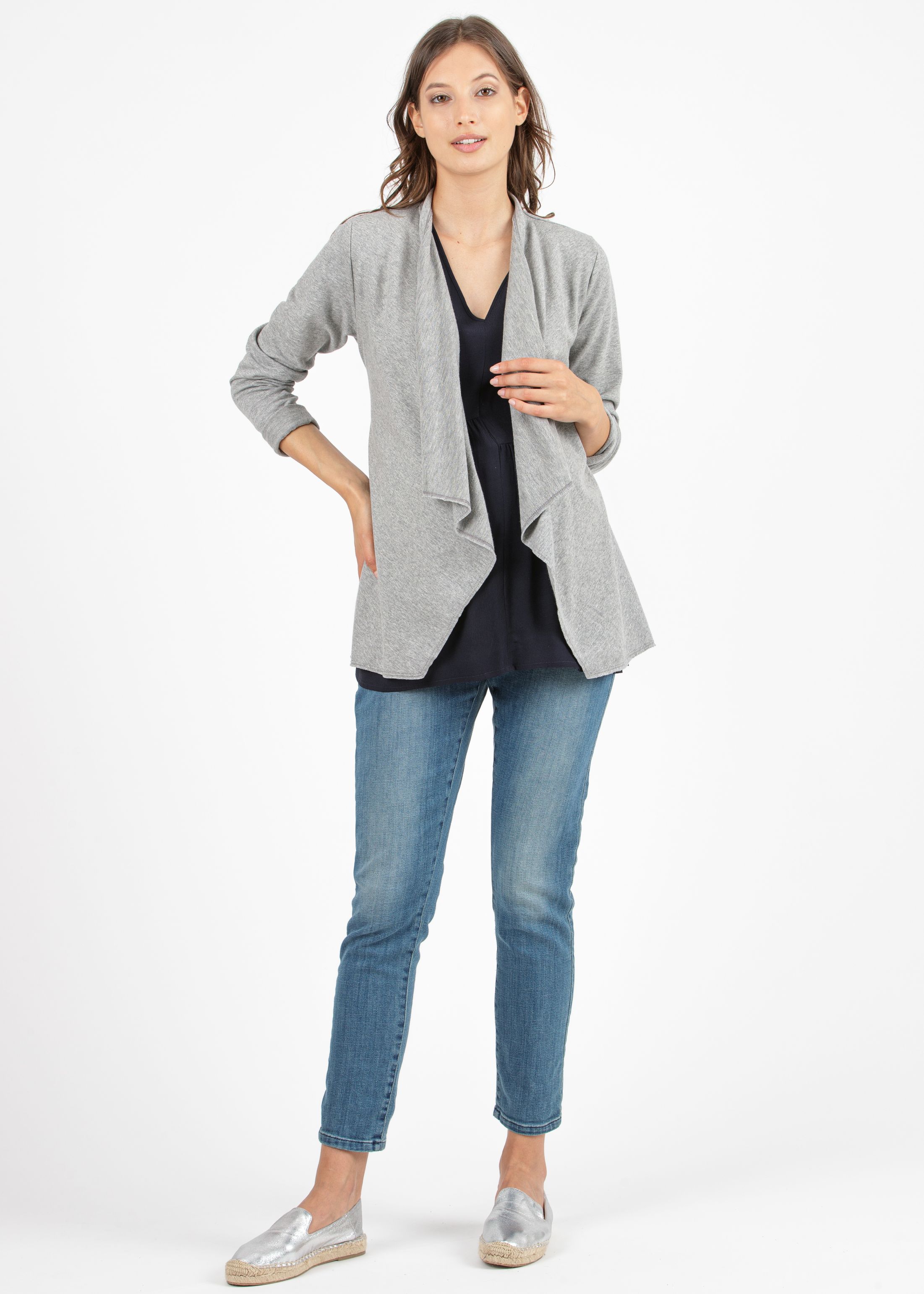 Maternity Cardigan in Cotton with String around the Waist (Mid-Grey, S)