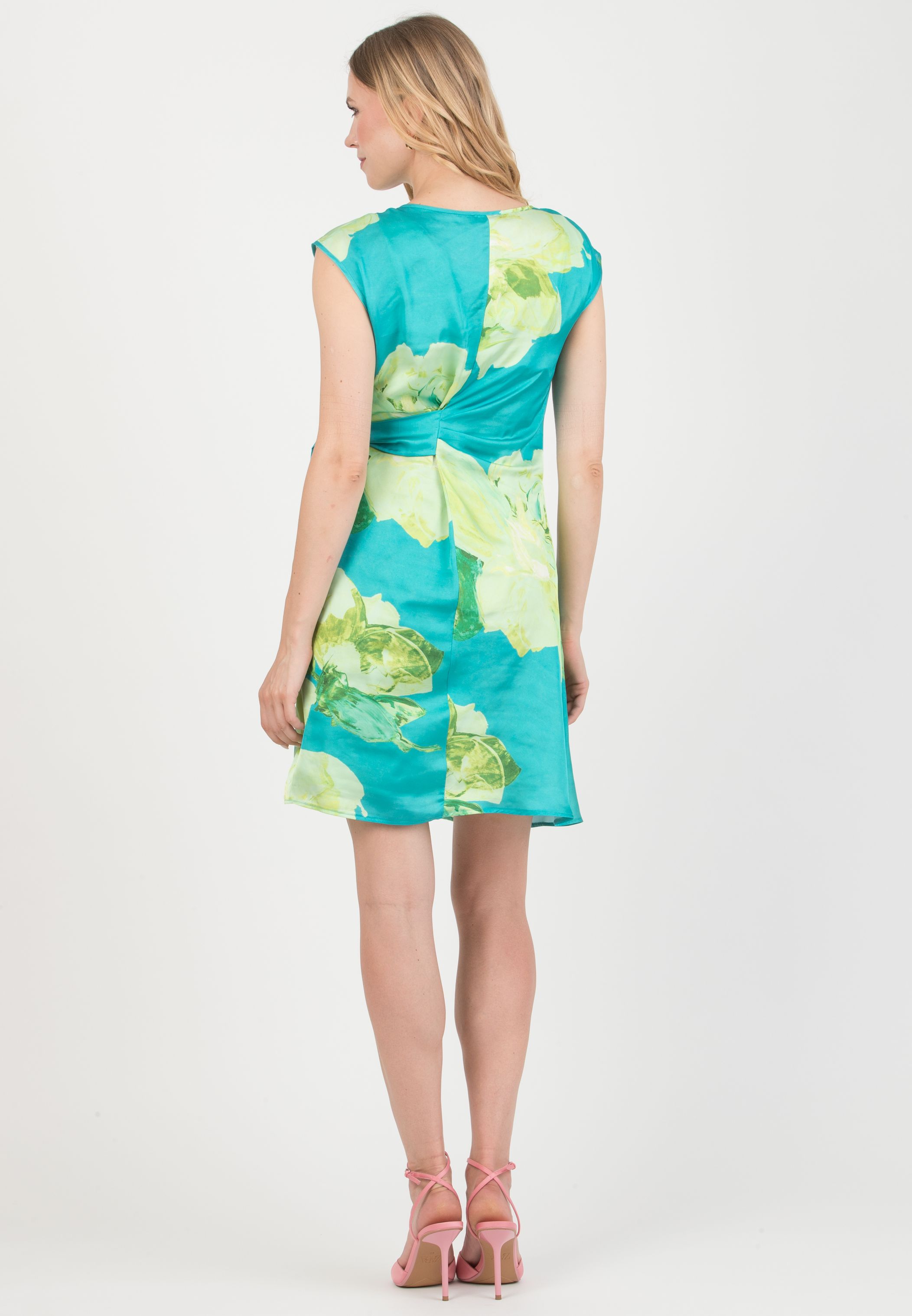 VERONICA - Maternity Satin Floreal Dress with Adjustable Tie (Turquoise, XS)