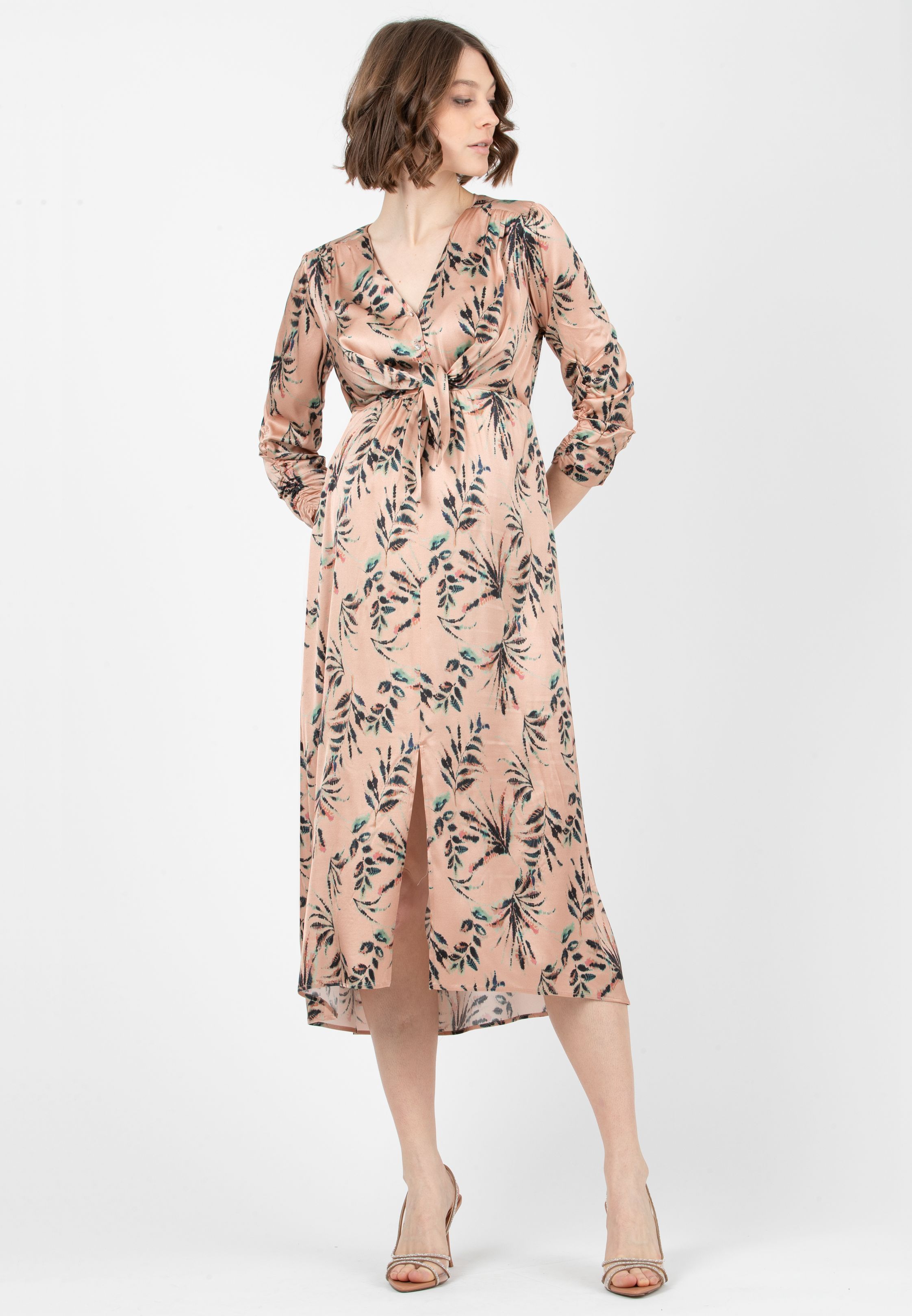 BELEN M/L - Abito Premaman & Allattamento in Raso con Corpino Annodato e Maniche 3/4 (Cipria, XS)
