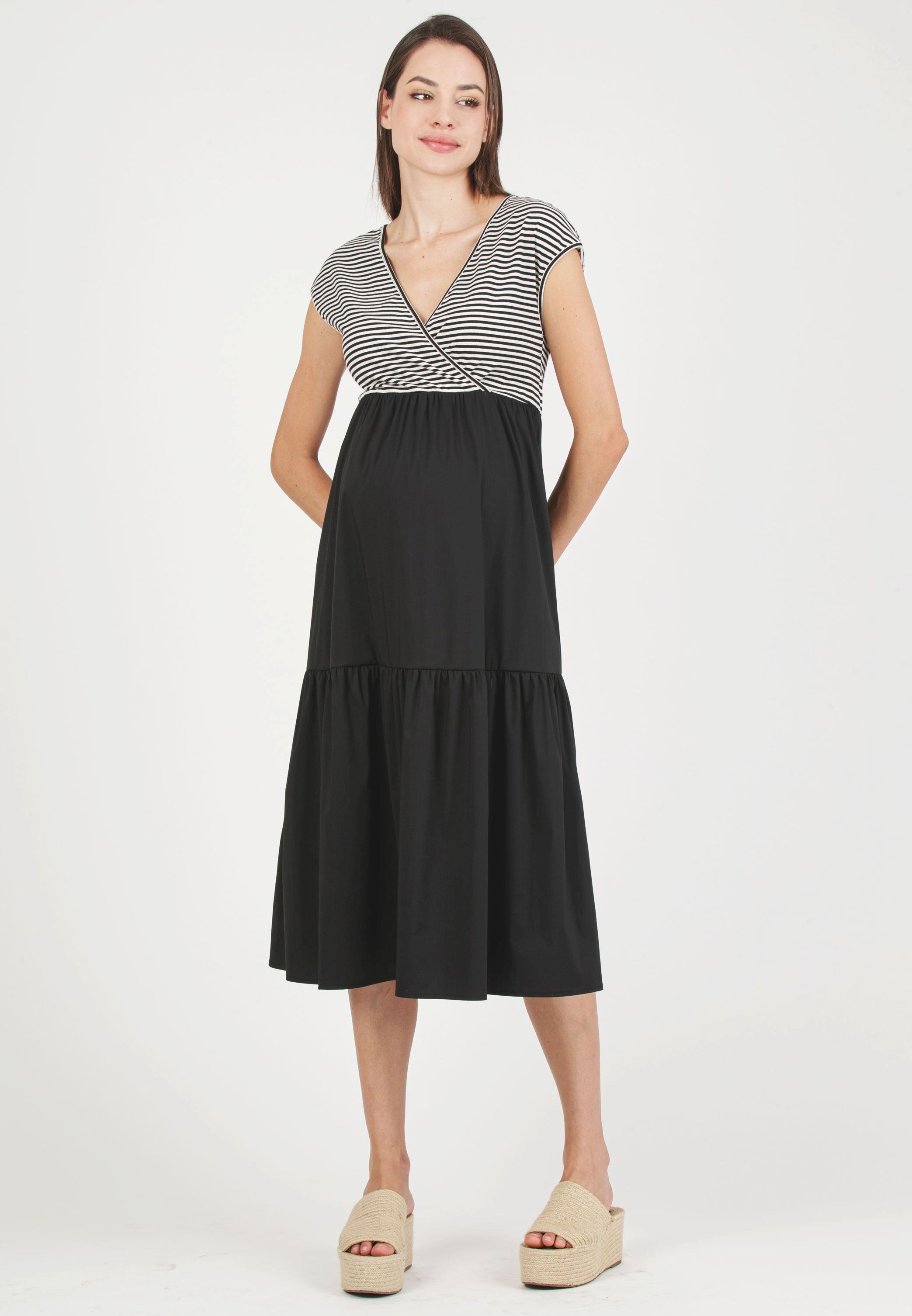 SUSI - Maternity & Nursing Dress with Striped Bodice (Black, XS)