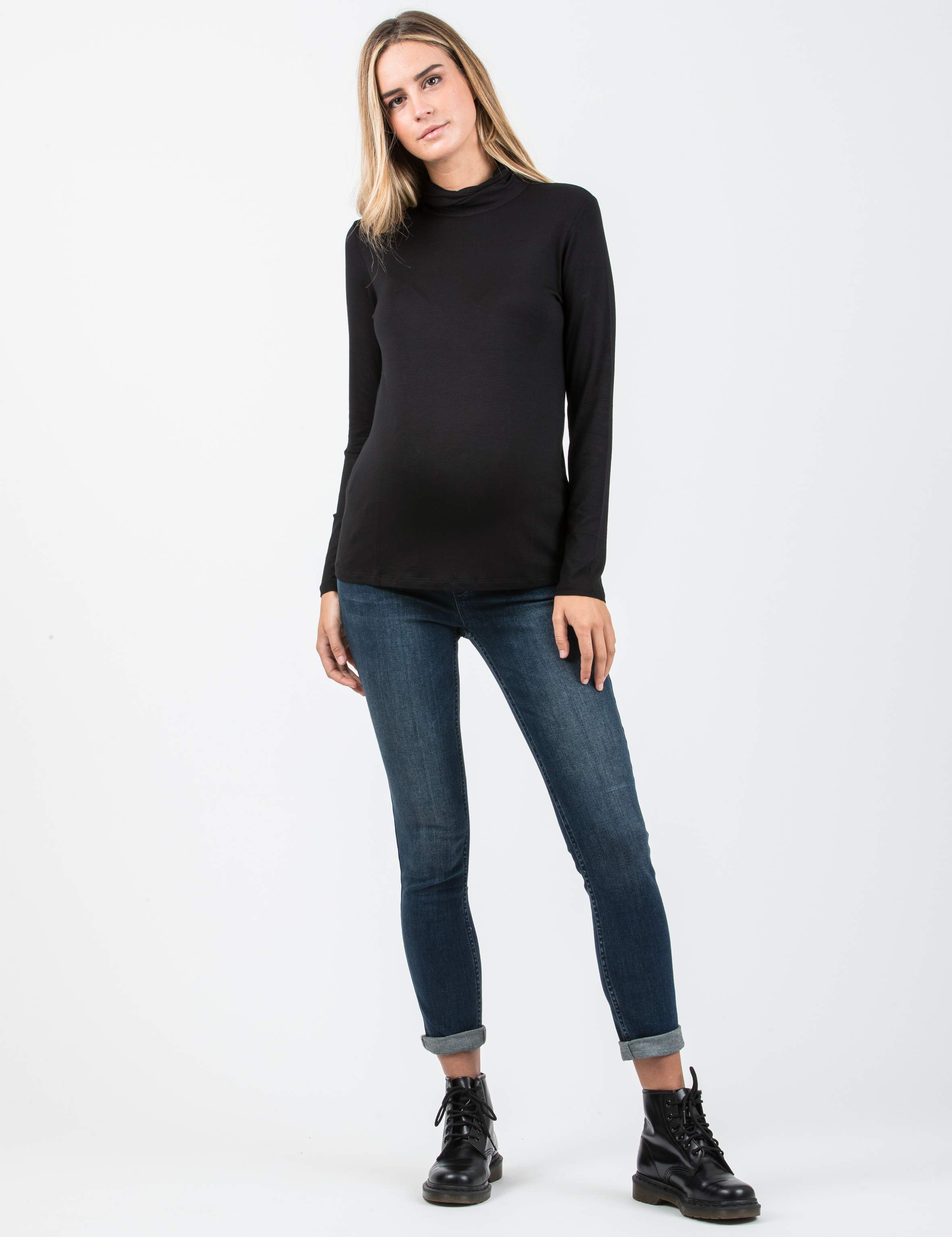 LARA - Long Sleeve Turtleneck Maternity Top with Side Gatherings (Nero)