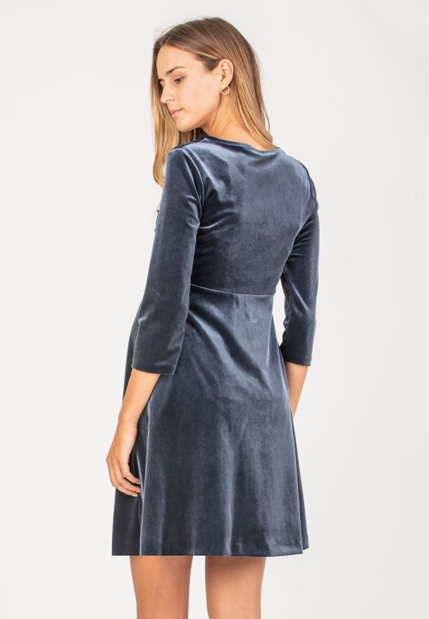 CAROLINE – Maternity Velvet Dress with Front Knot Detail (Denim)