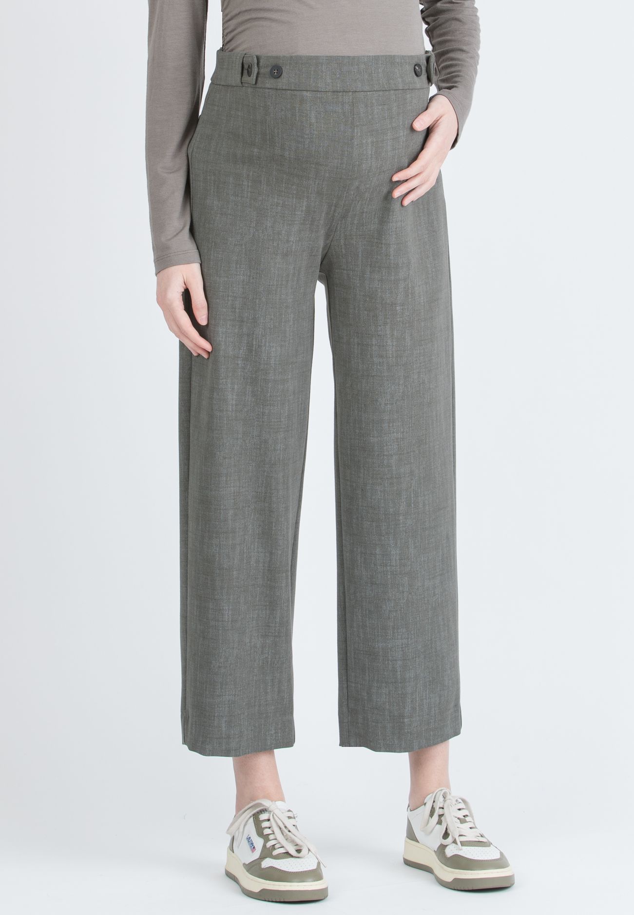 EVAN - Pantalone Premaman Ampio Cropped con Vita Regolabile a Bottoni (Verde Militare)