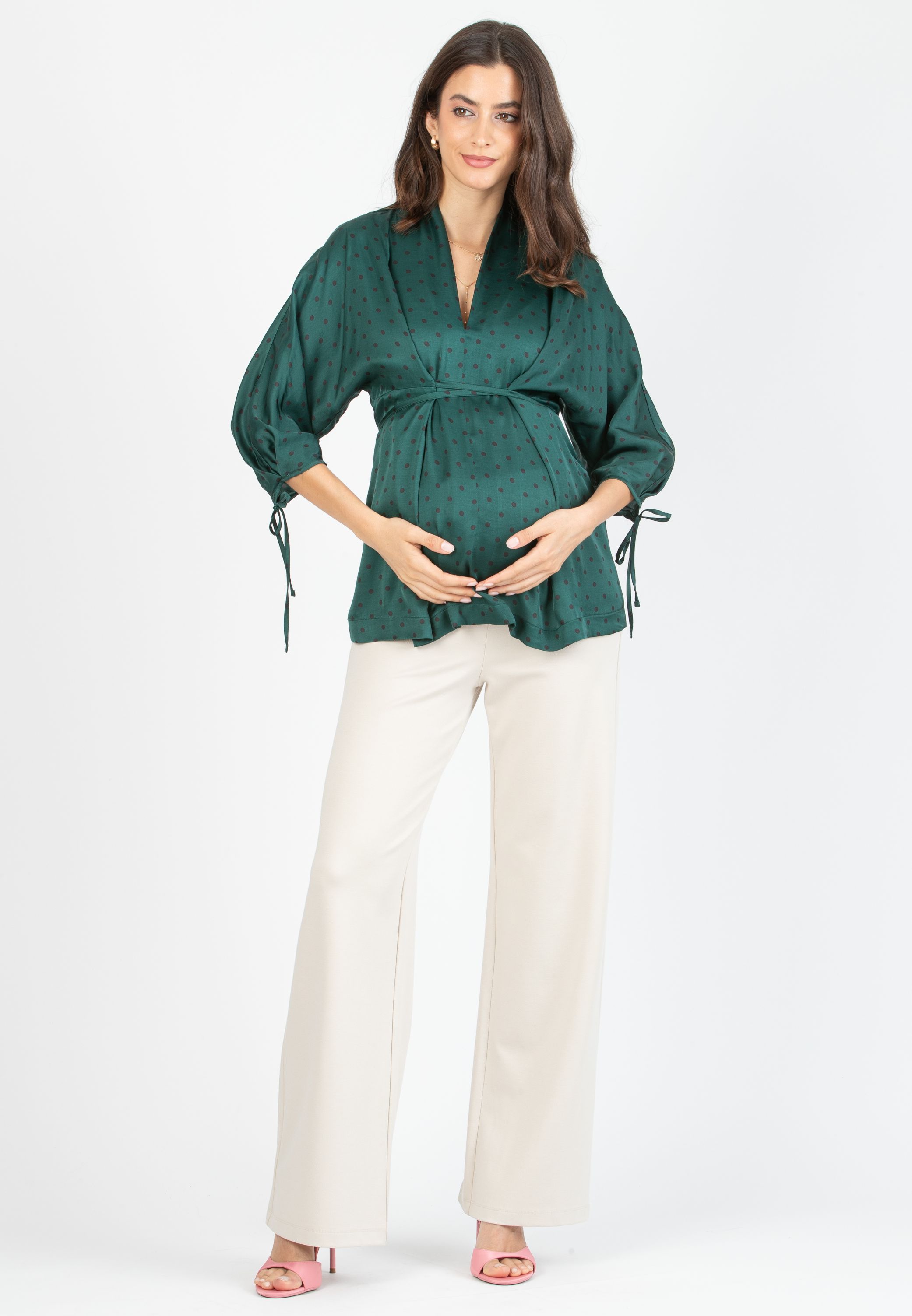 VIOLA M - Casacca Kimono Premaman in Raso di Viscosa con Laccetti (Verde, XS)