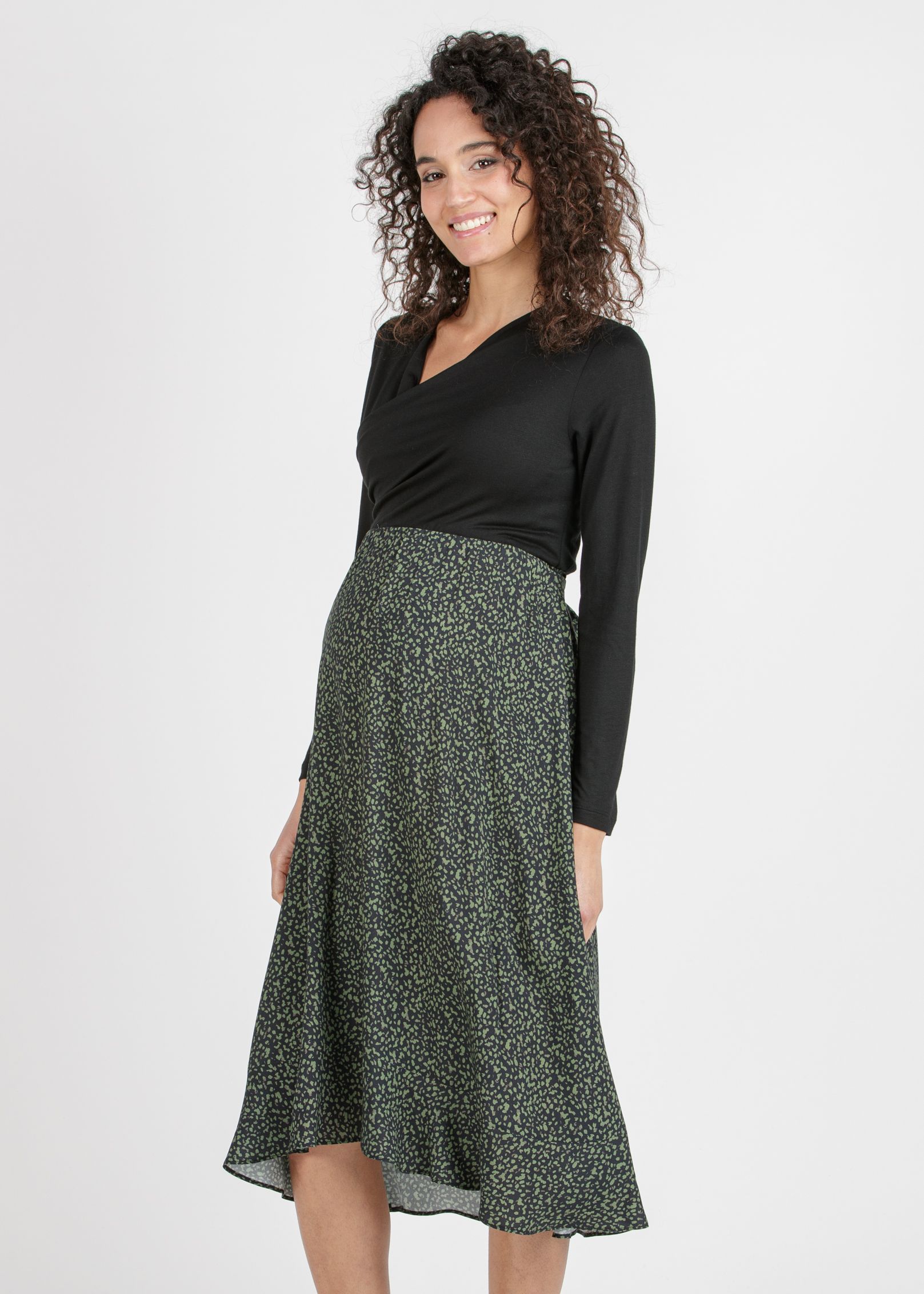 MARTA M/L - Abito Midi Premaman & Allattamento con Gonna Stampata (Verde Militare, XS)