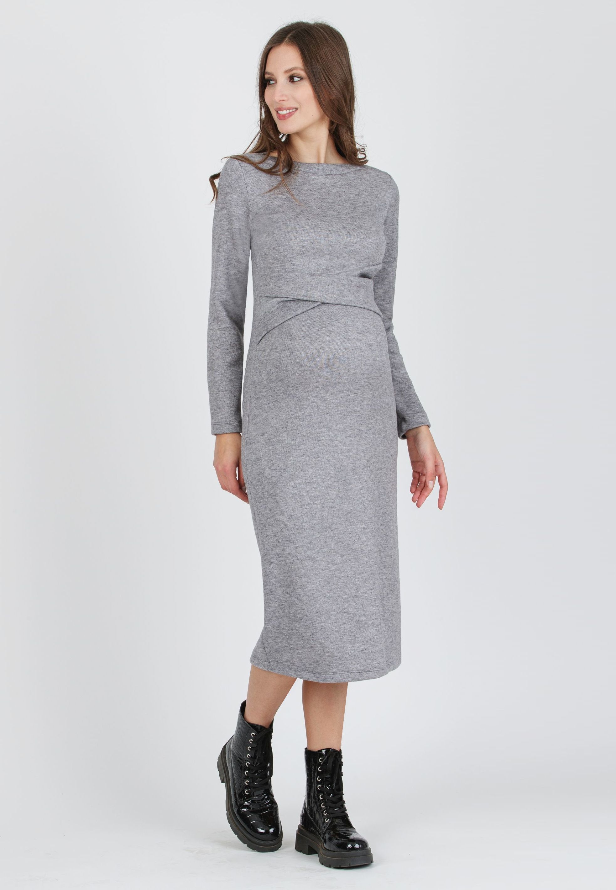AMELIA - Maternity Midi Knit Dress with Waistband (Heather Grey, XS)