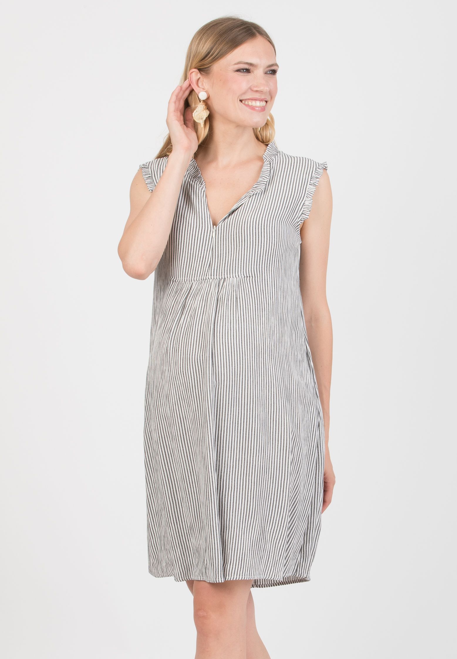 SOFIA R - Maternity & Nursing Striped Dress with Ruffles (Black, XS)