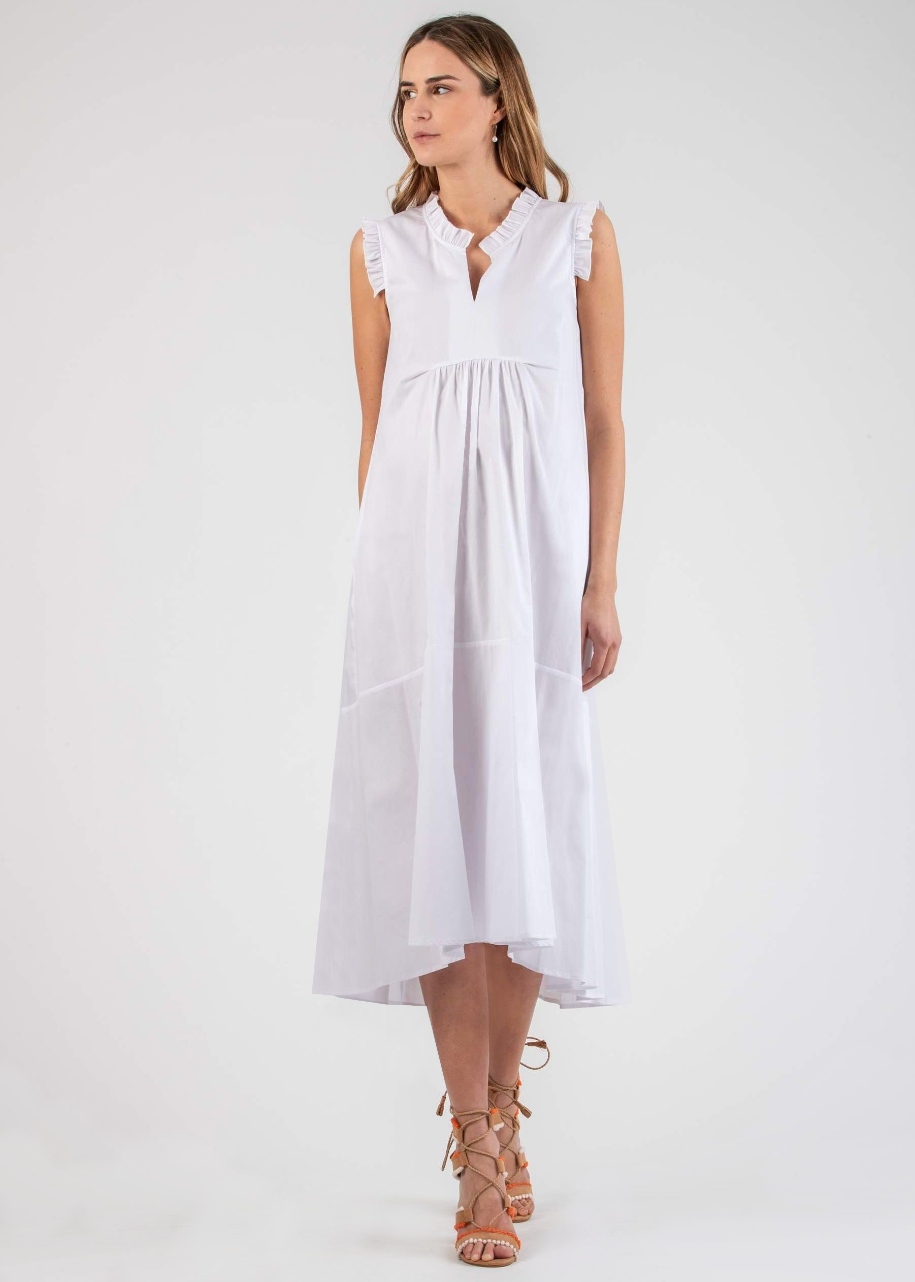 Midi Maternity Dress in Cotton Poplin with Frill Trims (White, XS)