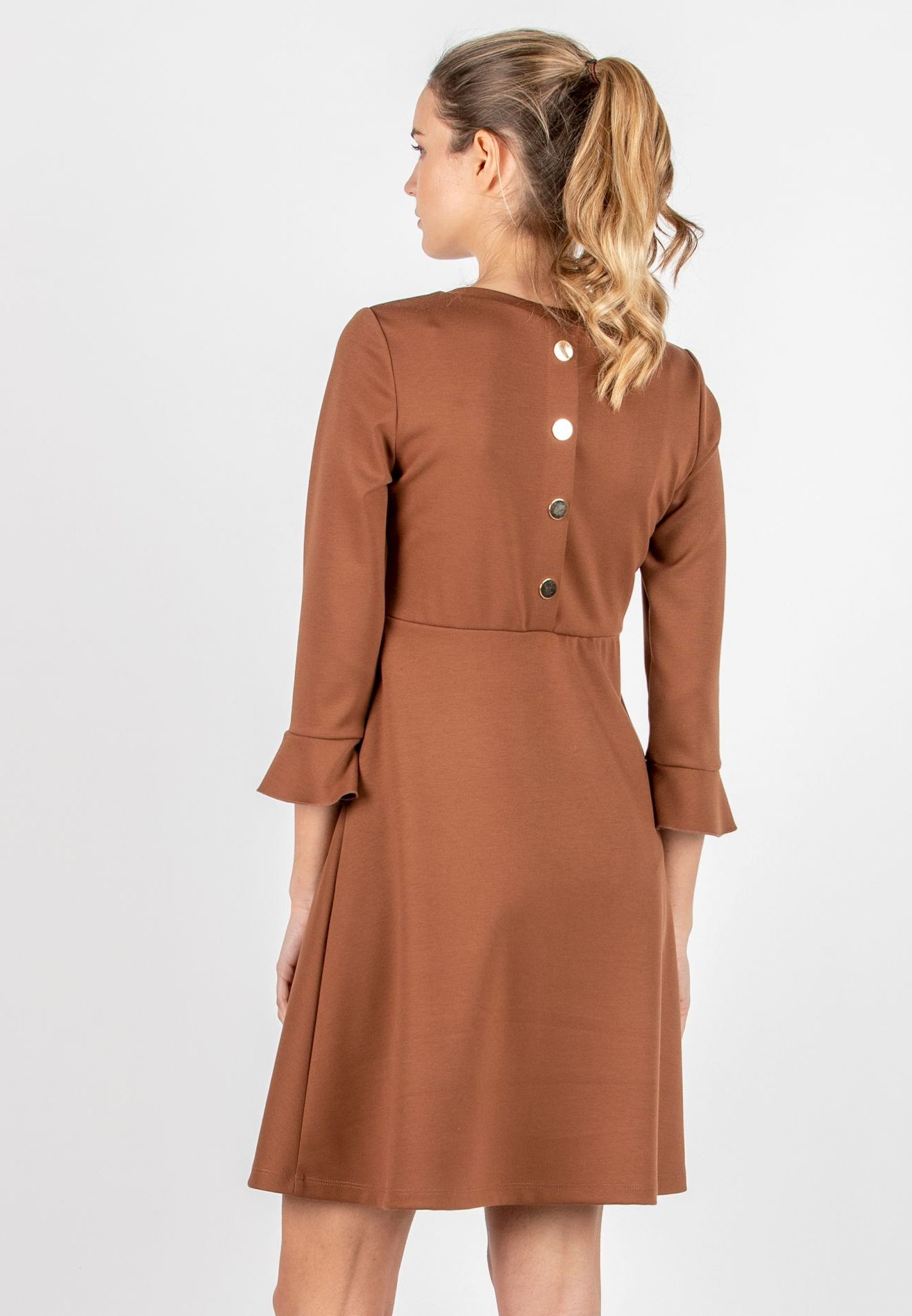 DAFNE – Flared Maternity & Nursing Dress with Back Button Detail (Caramello, XS)