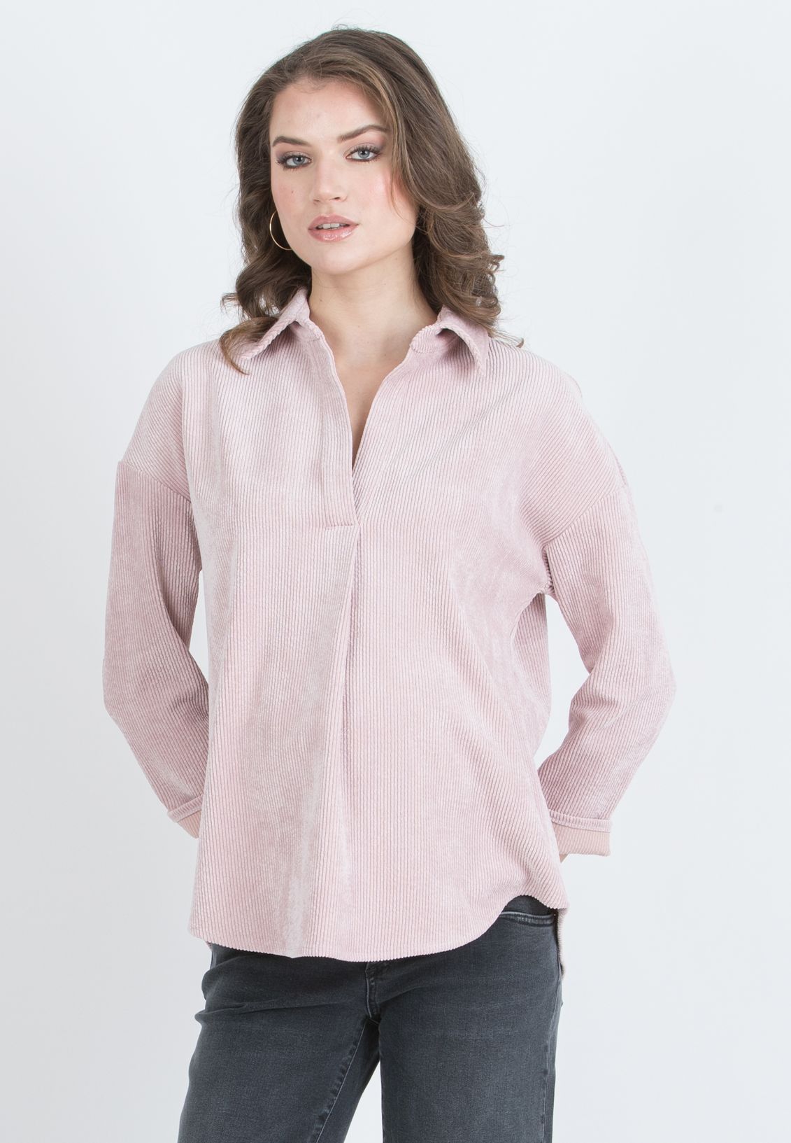 OLIVIA V - Camicia Over Premaman in Velluto a Coste Larghe (Rosa)