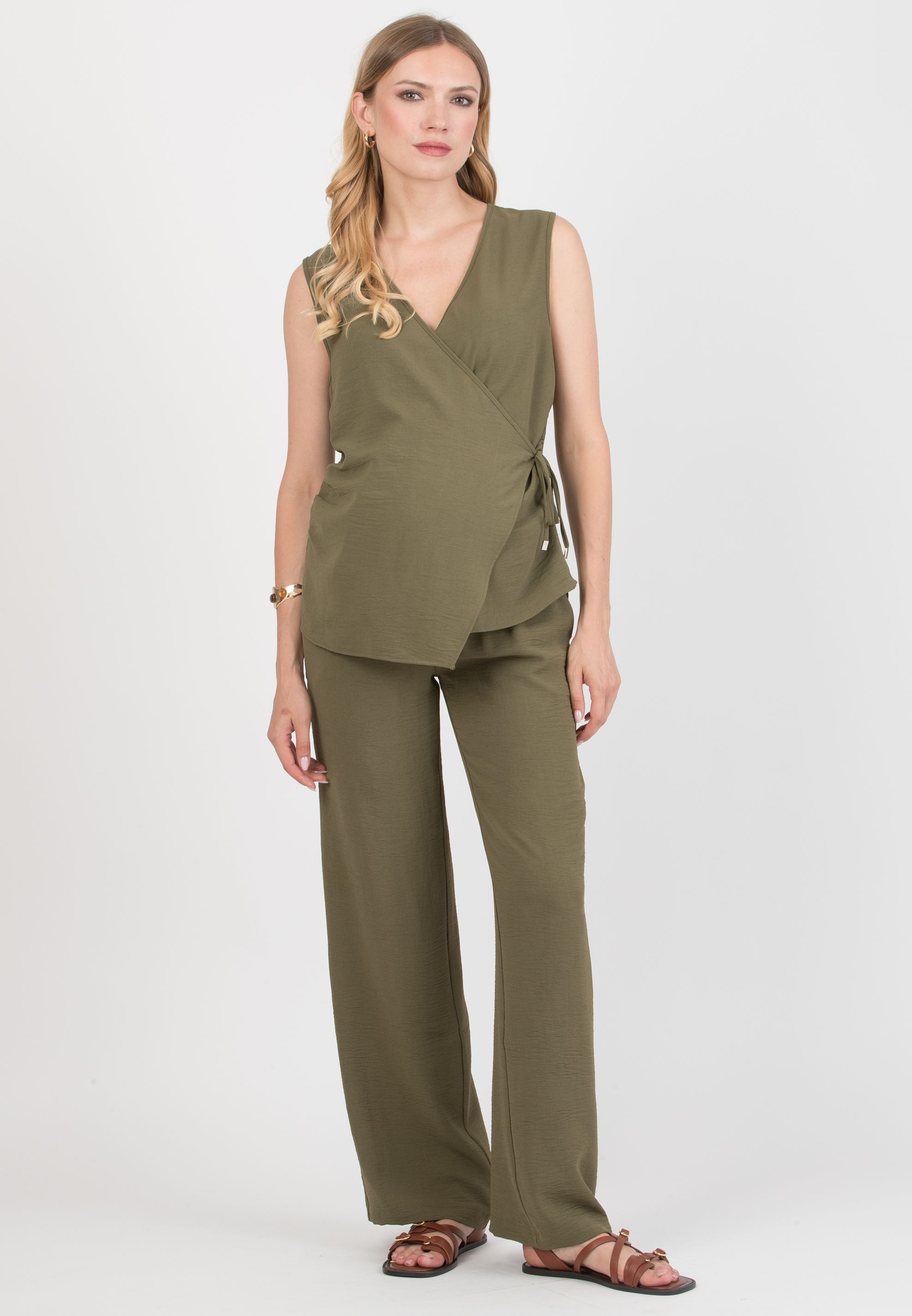 INES - Pantalone Premaman Fluido con Vita Bassa (Verde Militare)