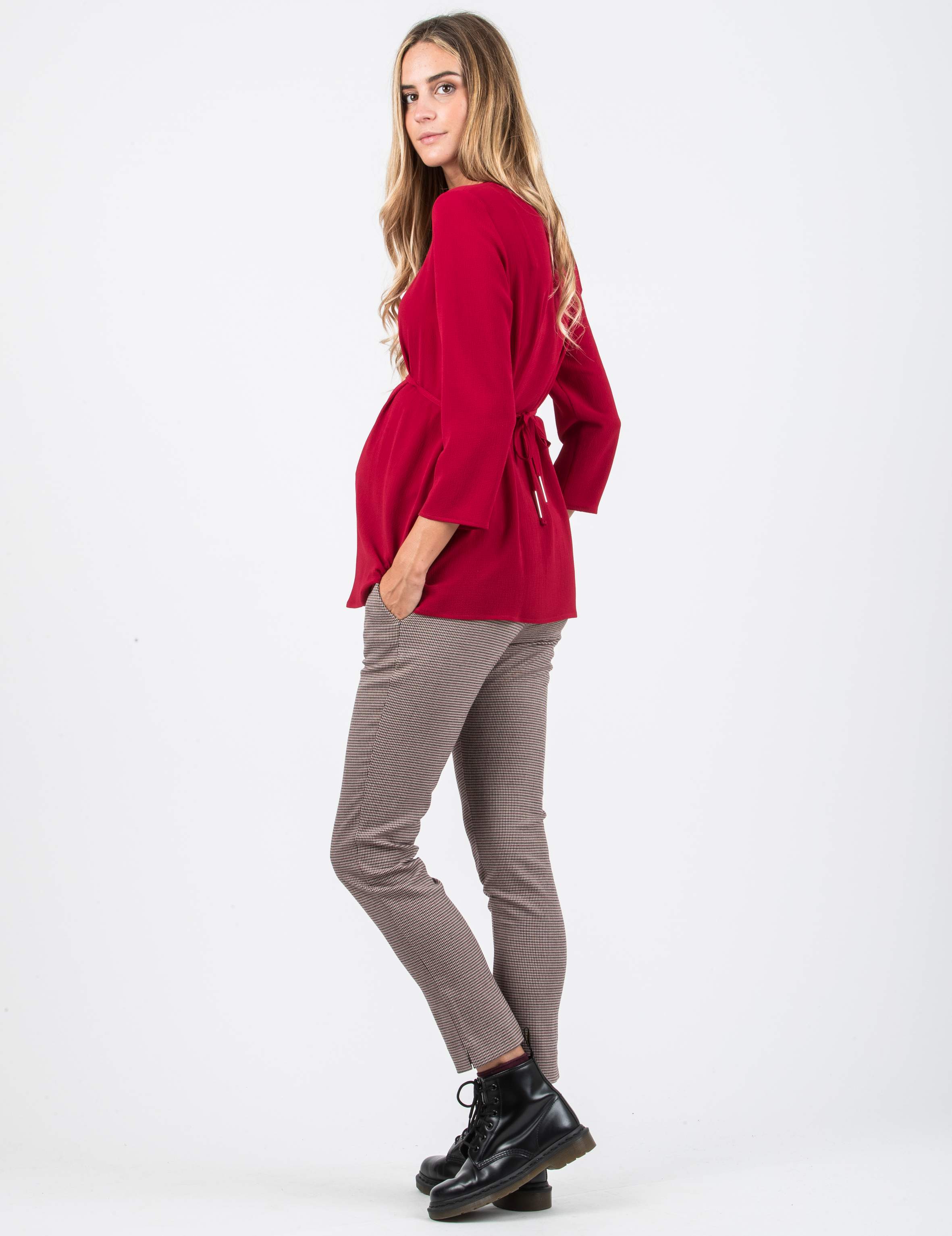 Pantalone Premaman Slim in Jacquard a Quadri con Stampa Pied de Poule (Bordeaux, XS)