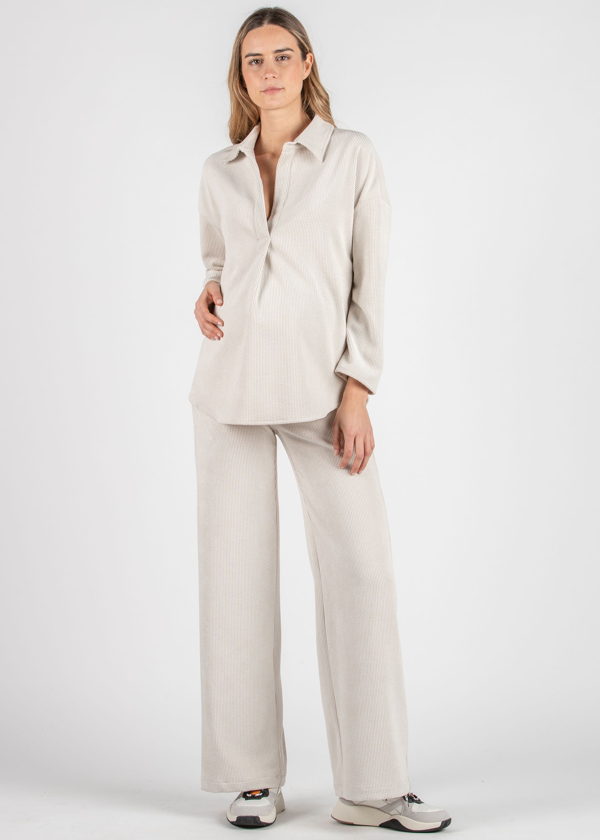 OLIVIA V - Camicia Over Premaman in Velluto a Coste Larghe (Naturale, XS)