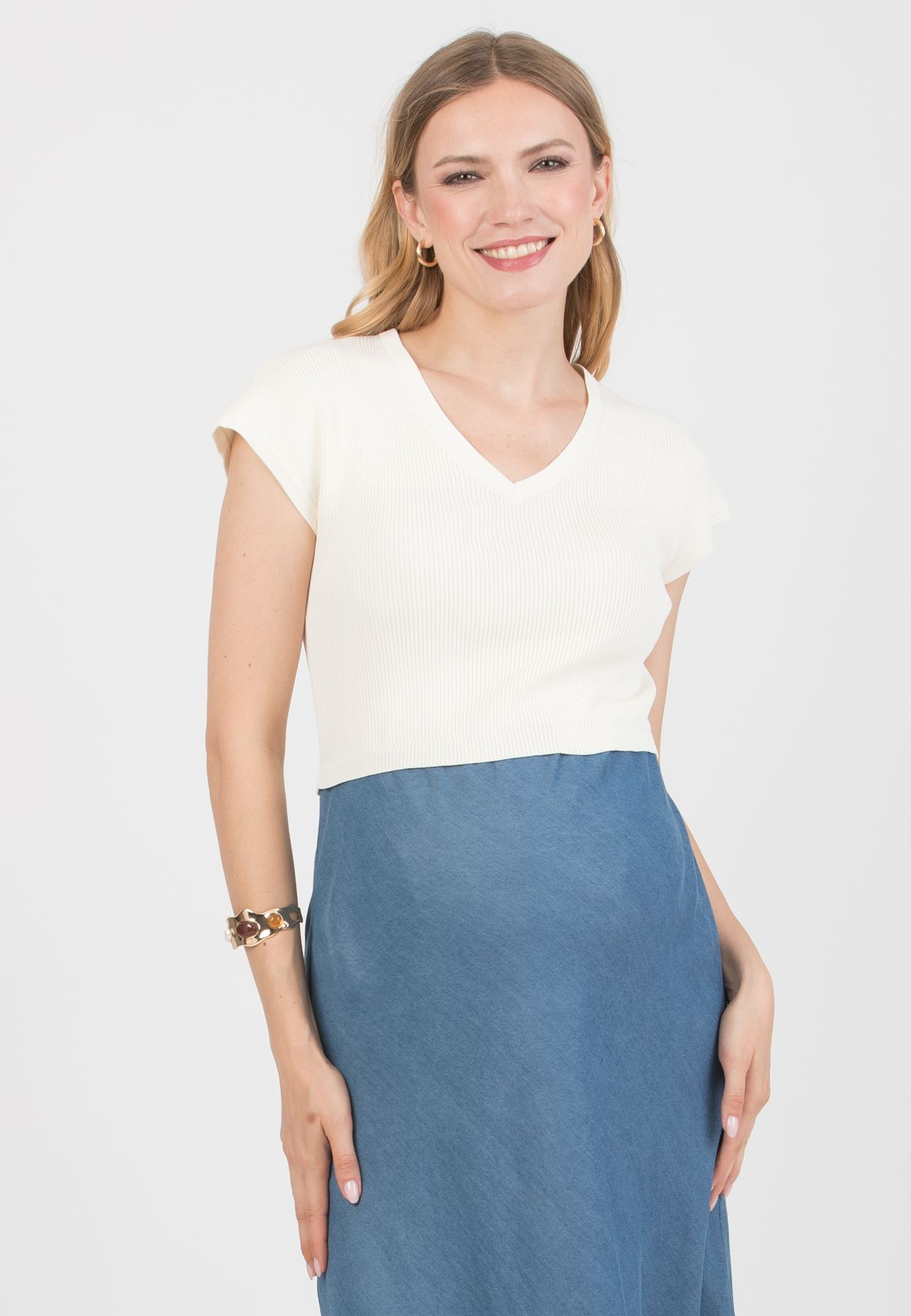 EVELIN - Maternity Dress with Knit Bodice and Bias-Cut Skirt (Blu)