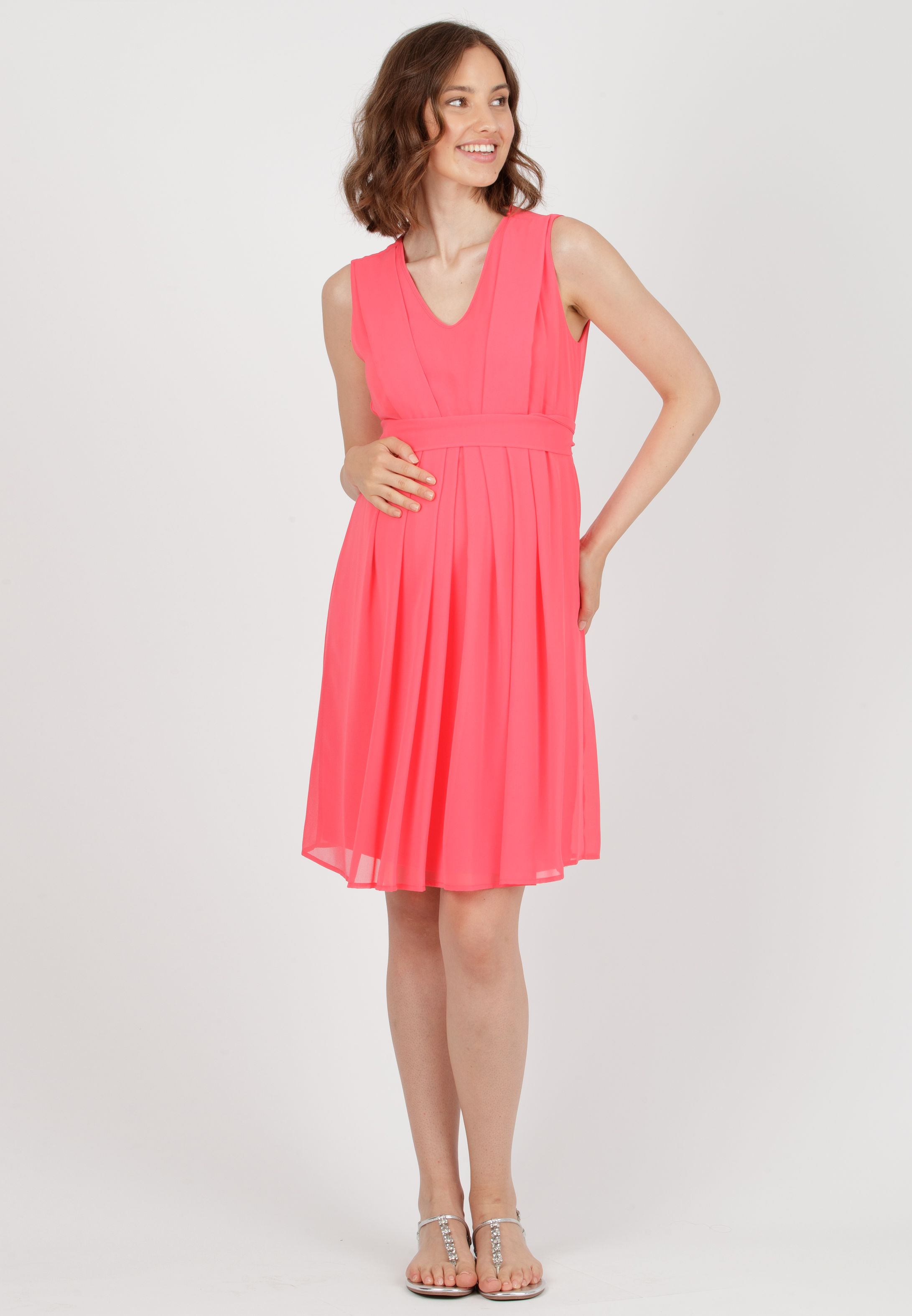 SABRINA - Maternity & Nursing Dress in Chiffon with Pleated Bodice (Coral, XS)