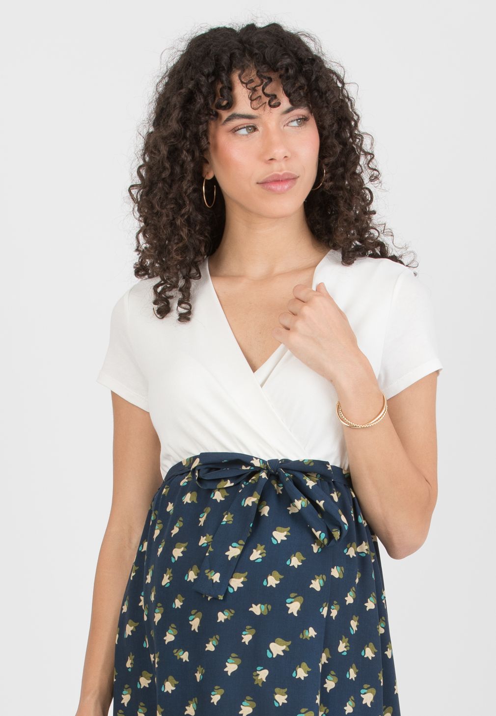 FEDERICA - Maternity Midi Dress with Crossed Neckline and Viscose Wrapped Skirt (Blu)