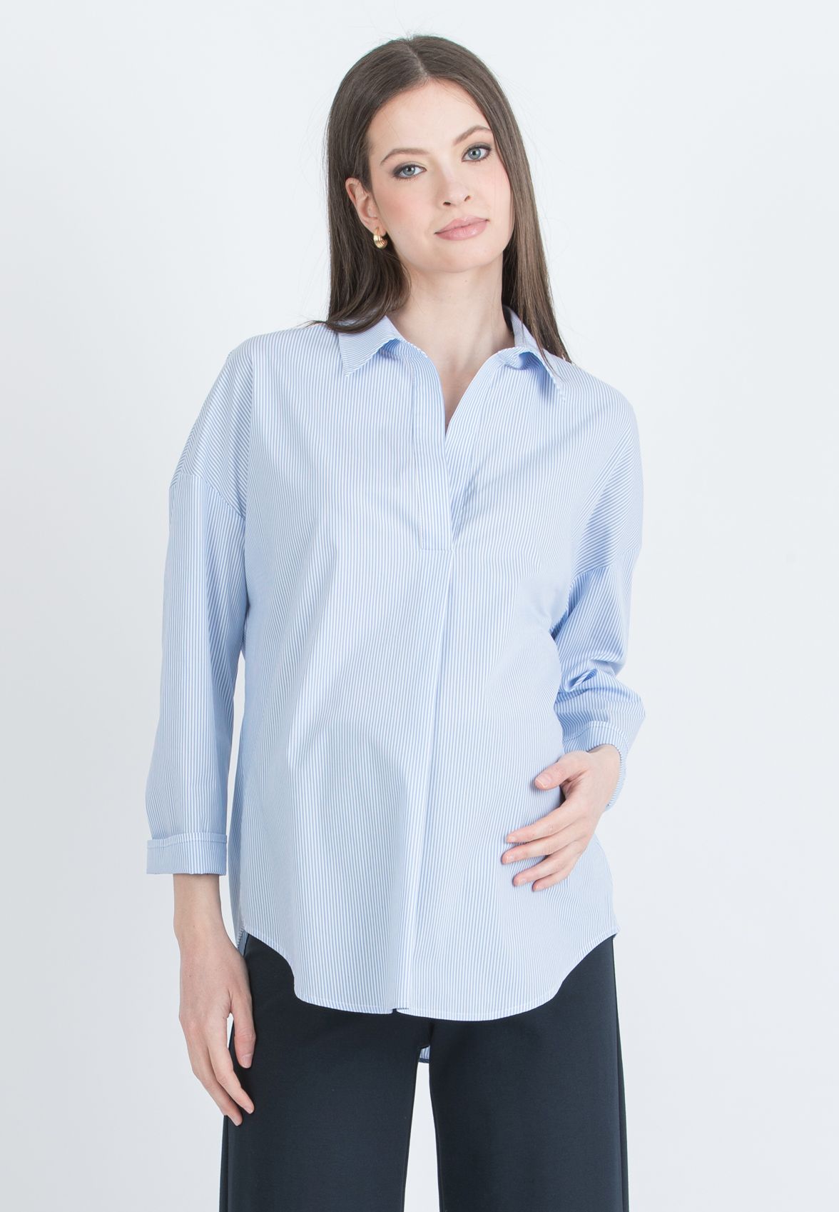 OLIVIA R - Camicia Over Premaman in Popeline di Cotone Elasticizzato a Righe (Azzurro, XS)